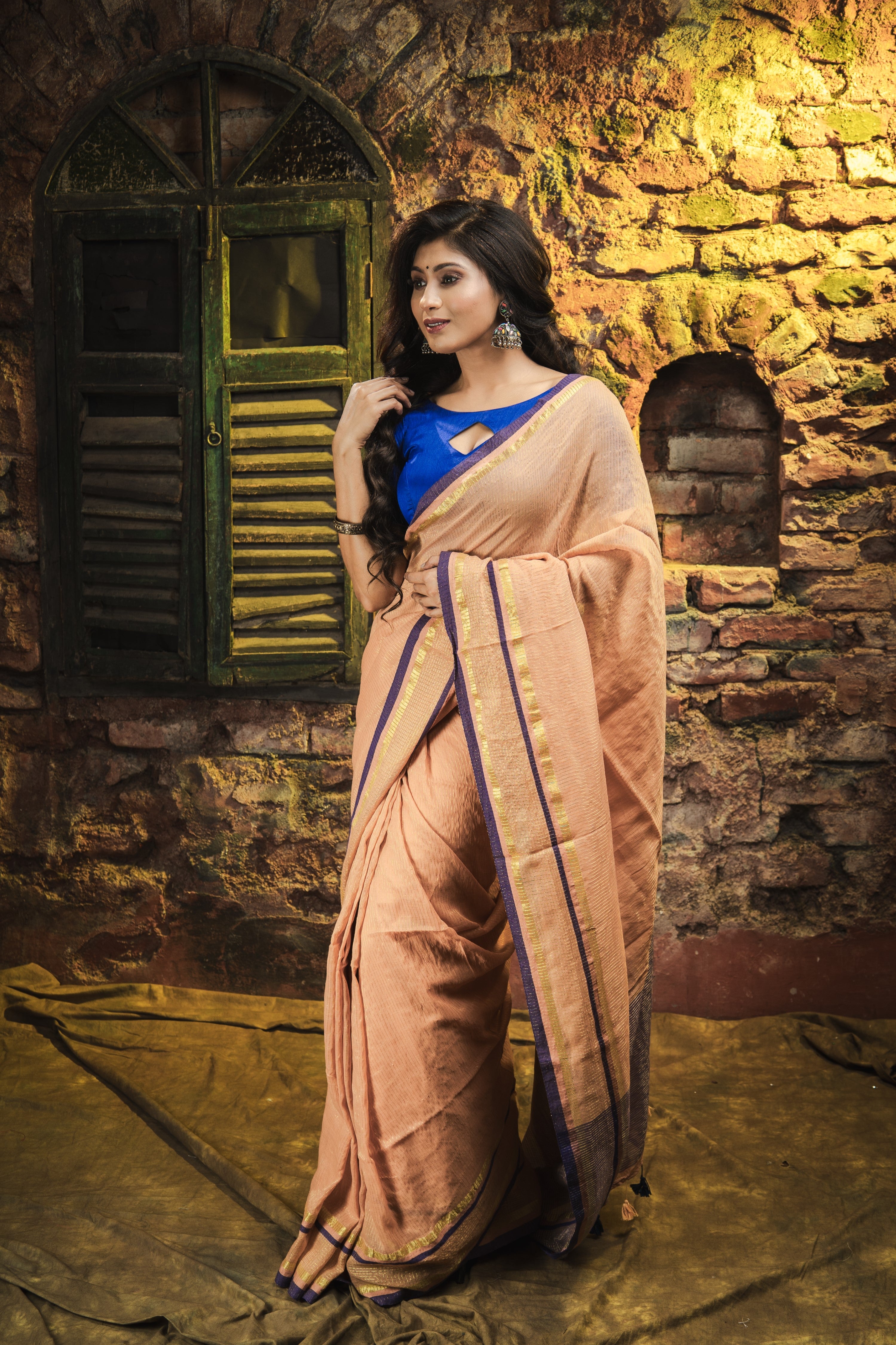 Golden Check Mulmul Cotton Saree- Camel Golden