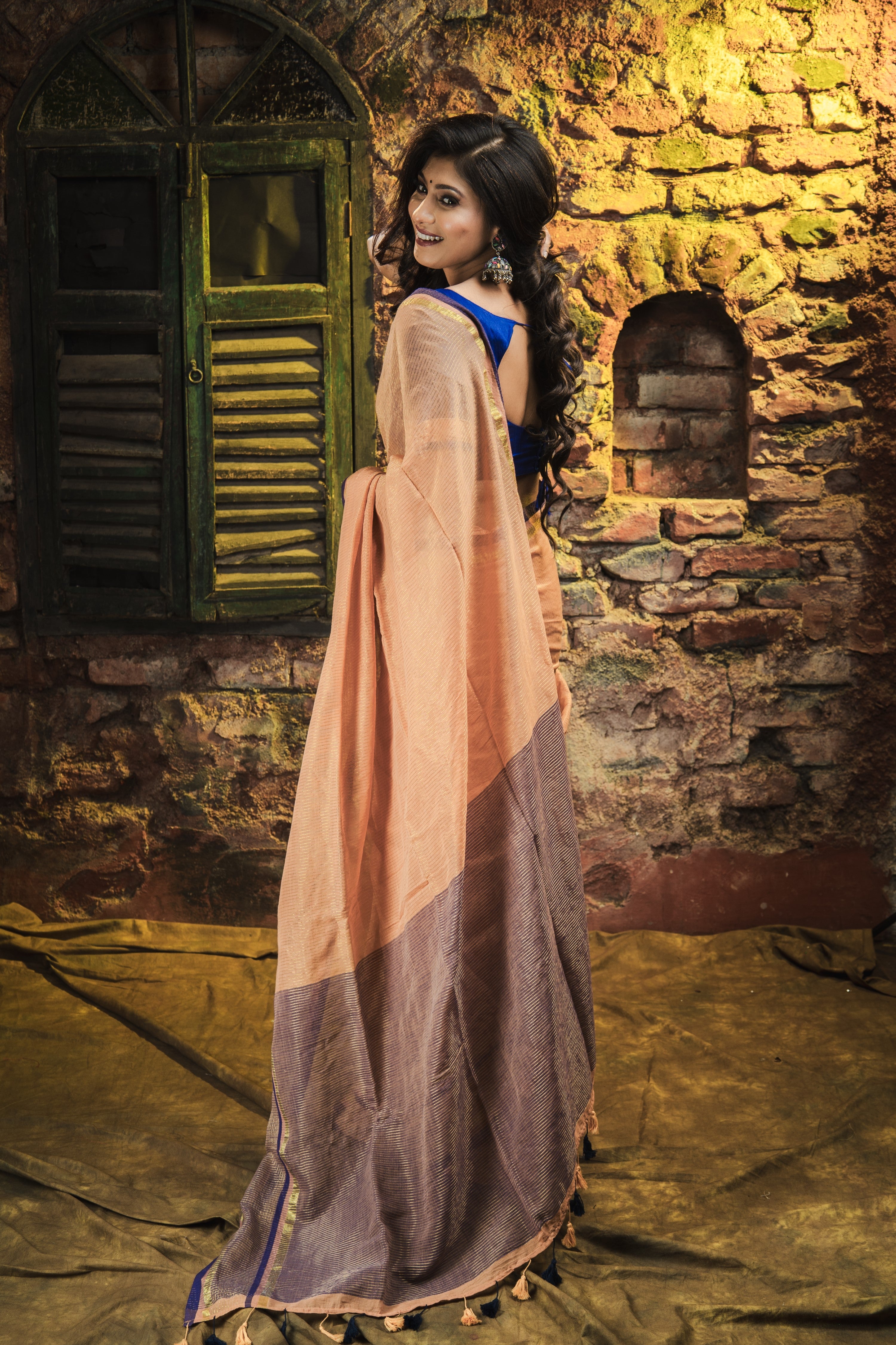 Golden Check Mulmul Cotton Saree- Camel Golden