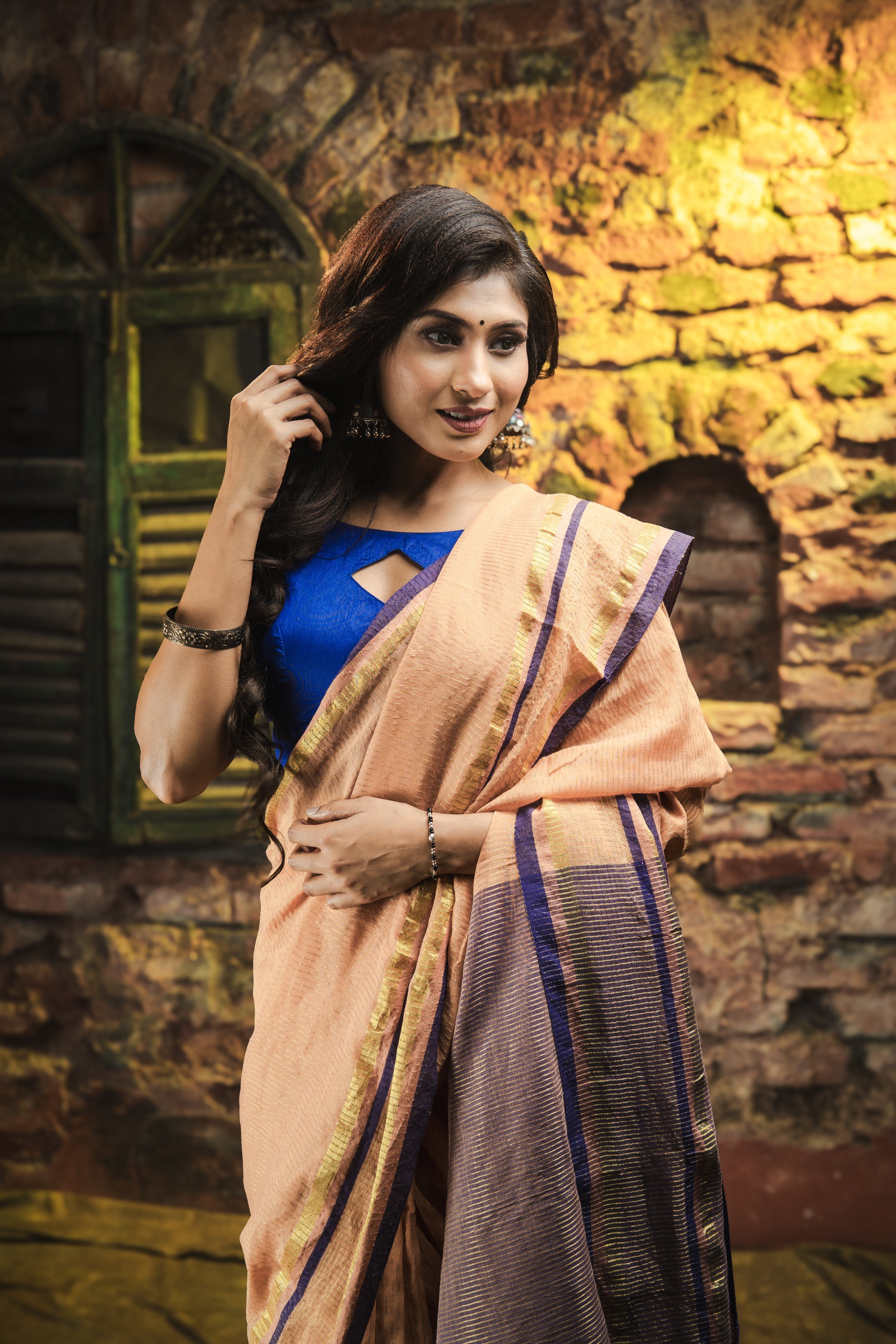 Golden Check Mulmul Cotton Saree- Camel Golden