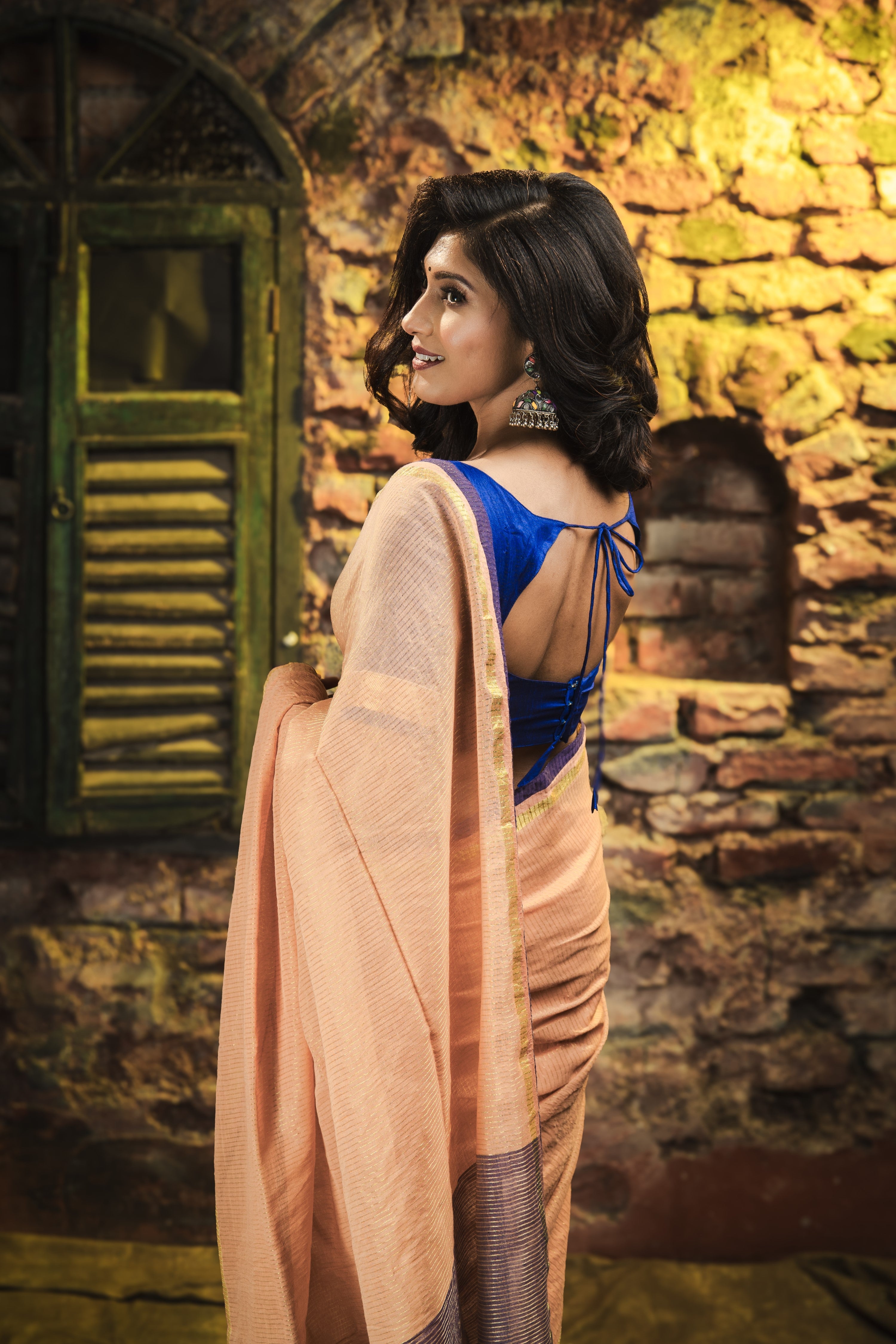 Golden Check Mulmul Cotton Saree- Camel Golden