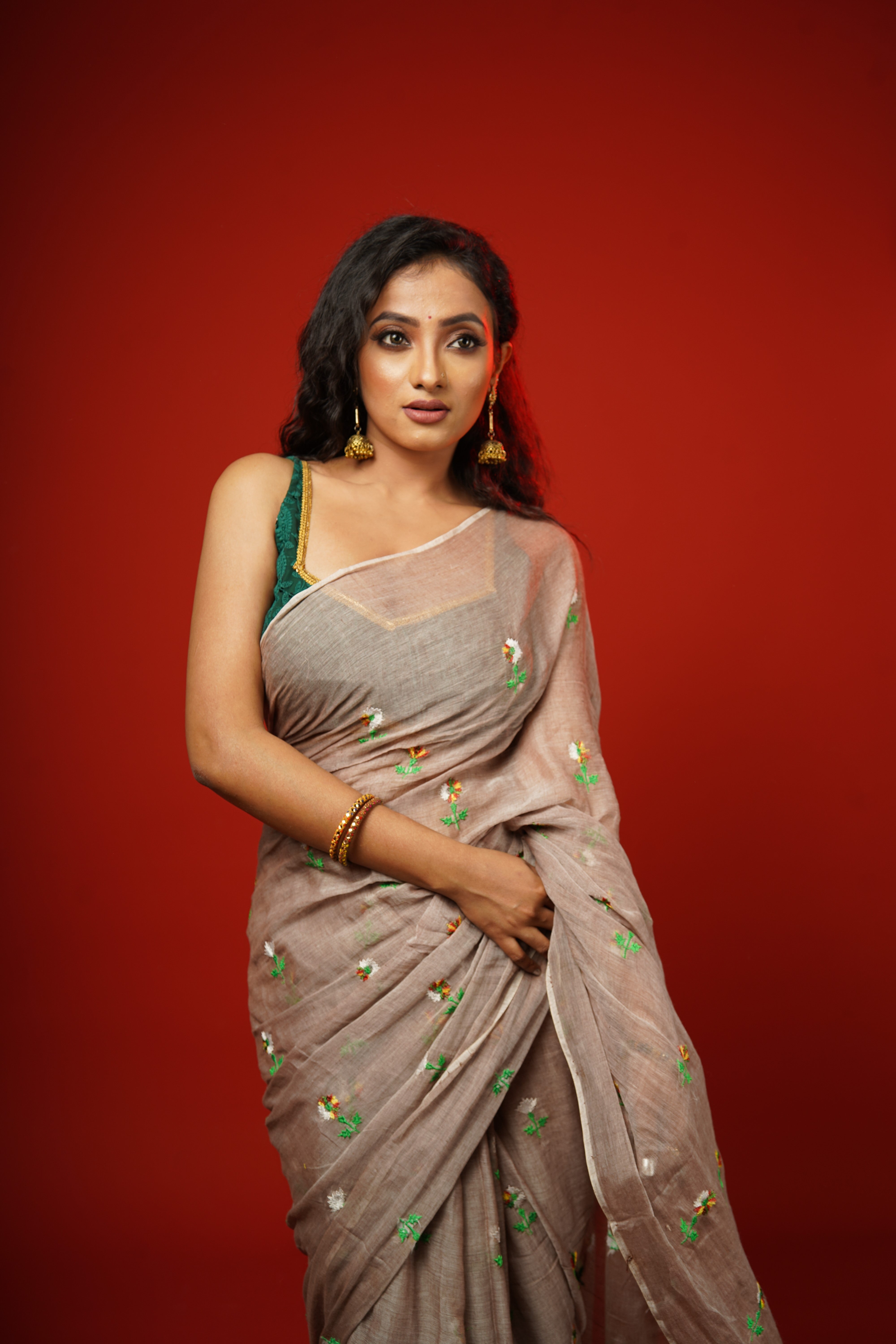 Champagne Embroidered Mul Mul Cotton Saree