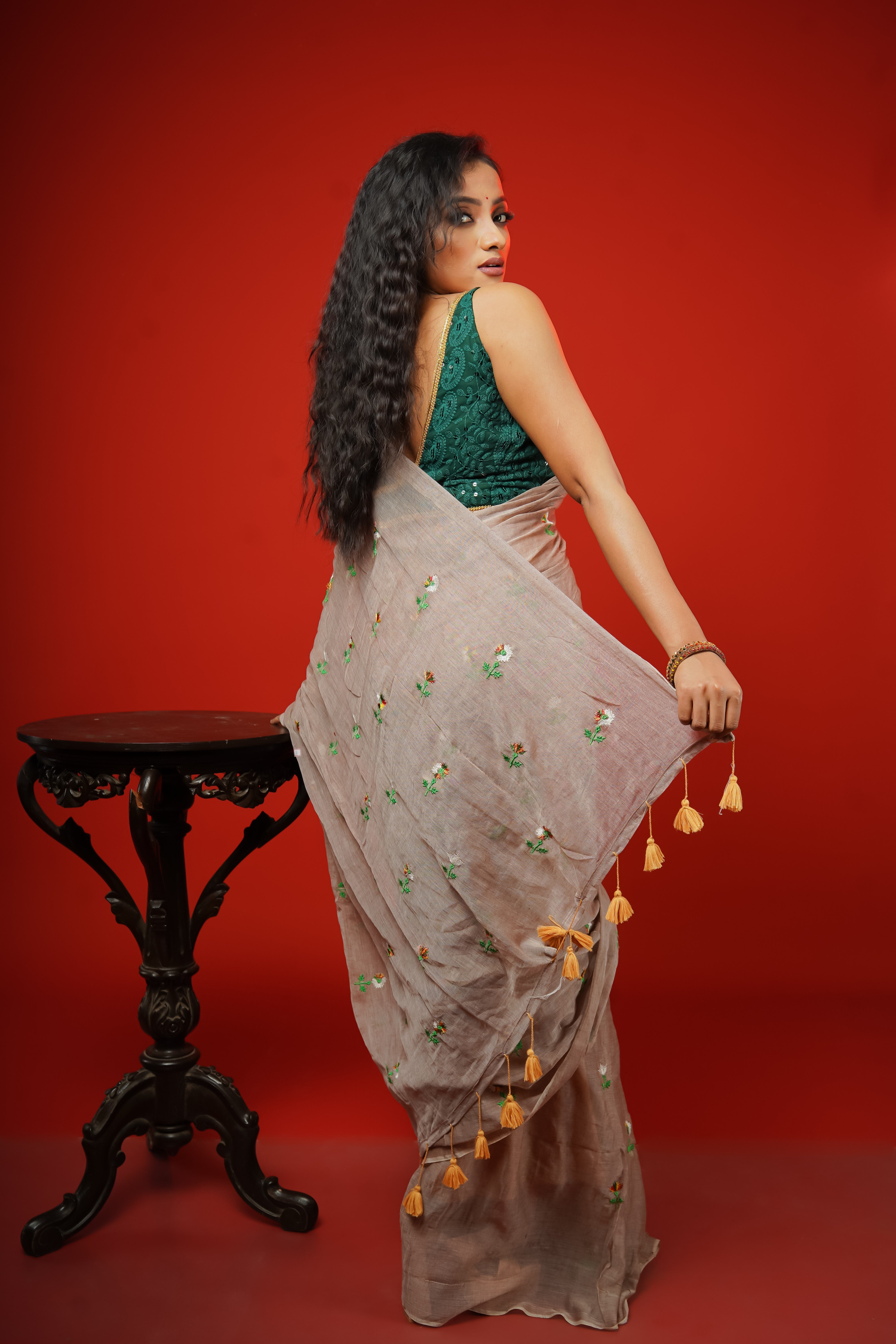 Champagne Embroidered Mul Mul Cotton Saree