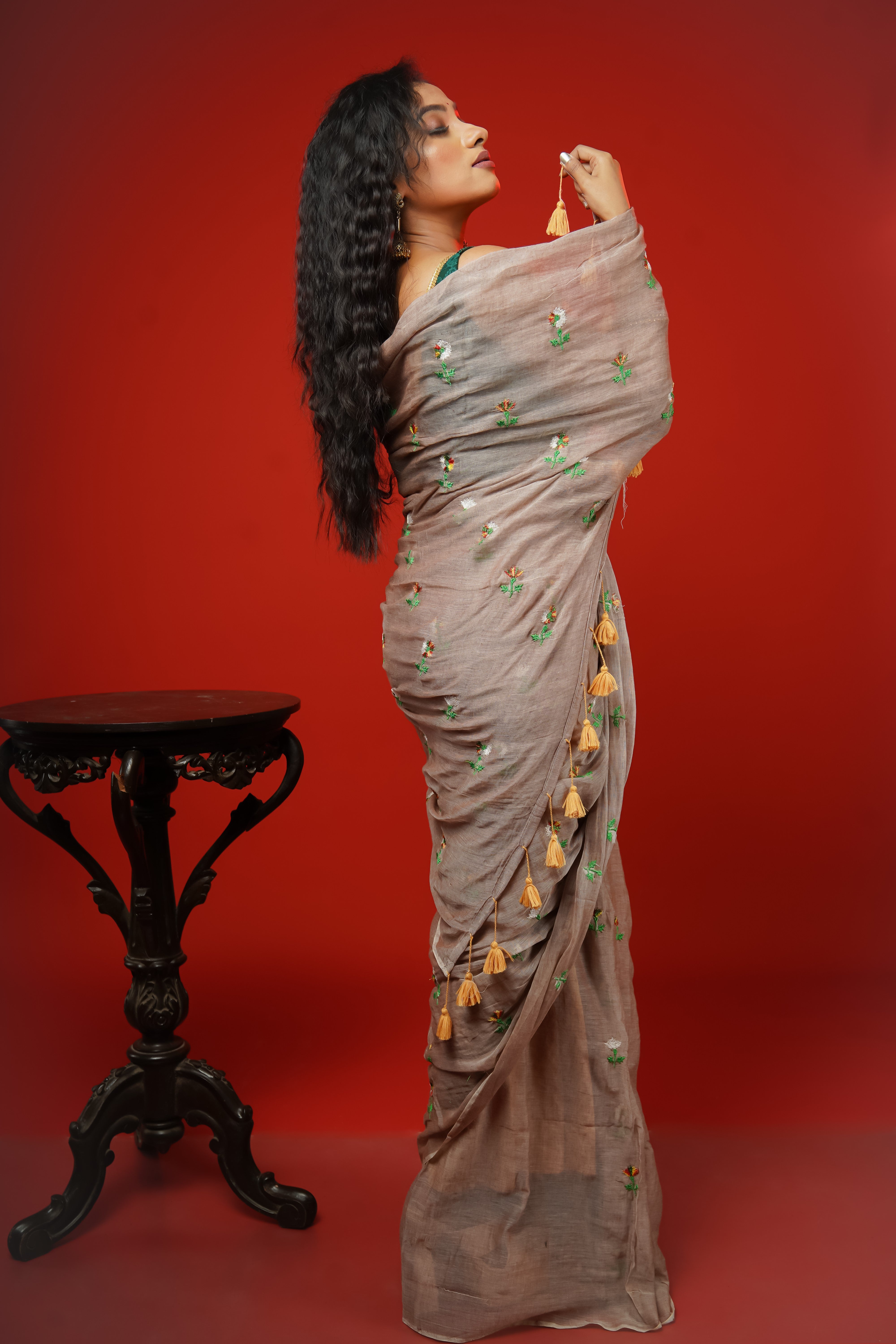 Champagne Embroidered Mul Mul Cotton Saree