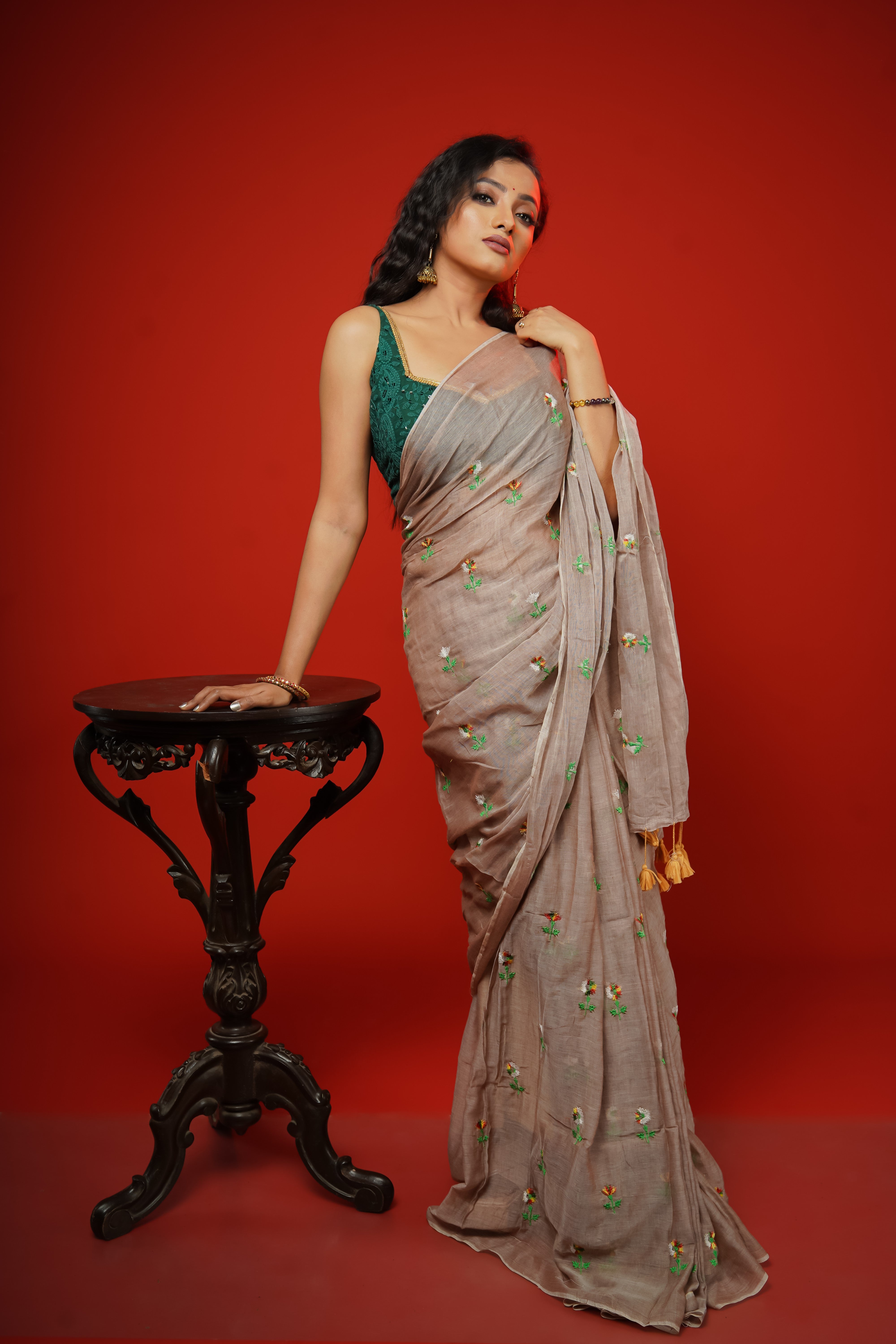Champagne Embroidered Mul Mul Cotton Saree