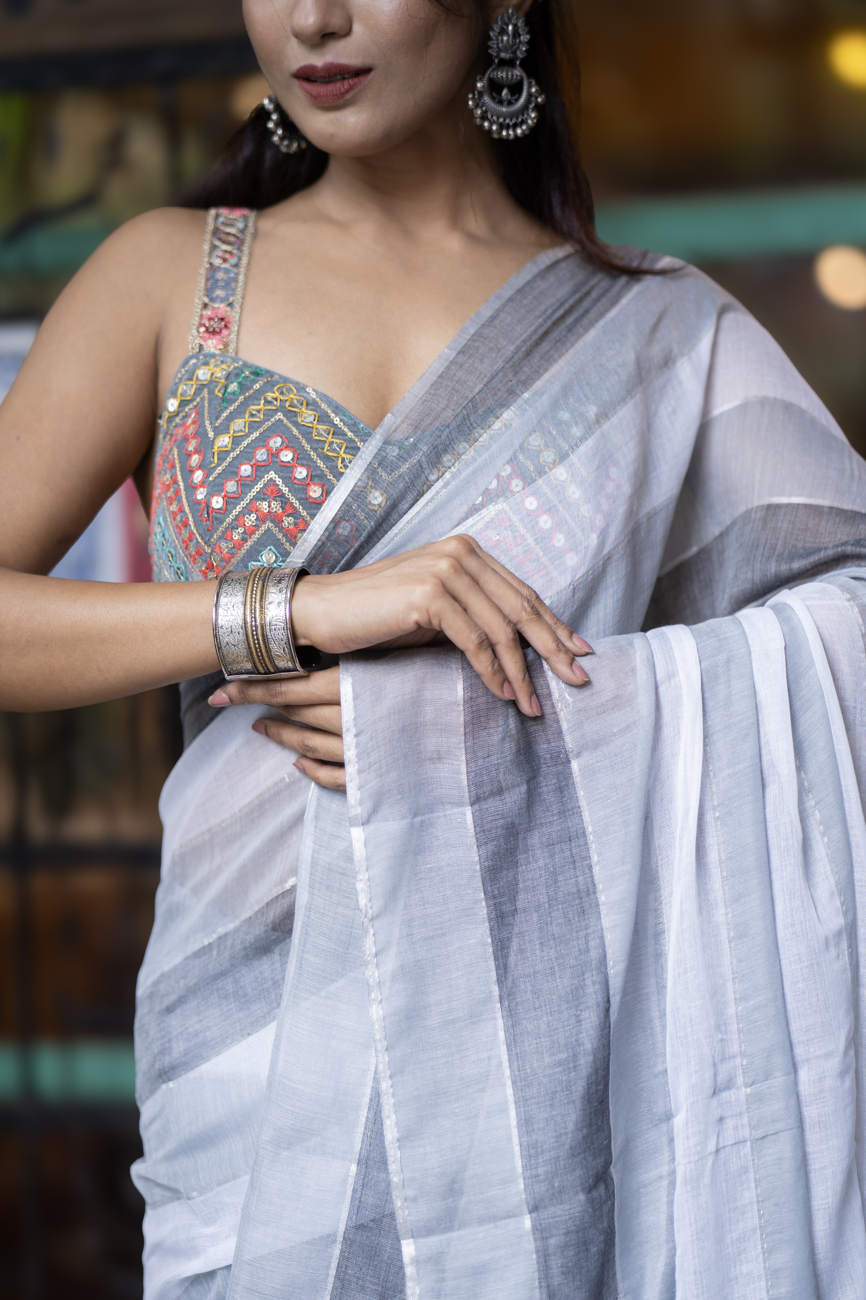 Check Mul Mul Cotton Saree - Grey and White