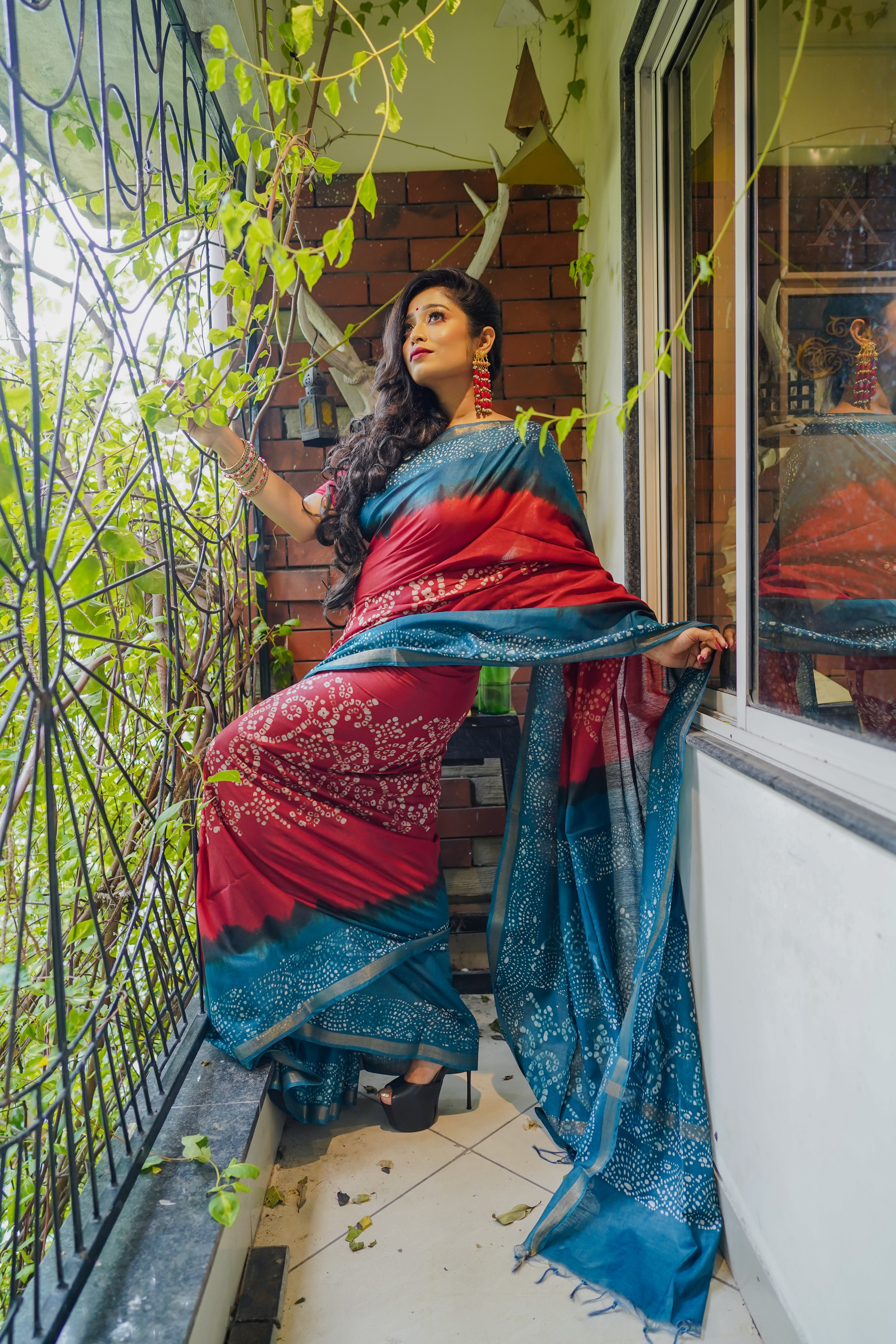 Red Cherry Bandhani Hand Block Pure Chanderi Silk Saree