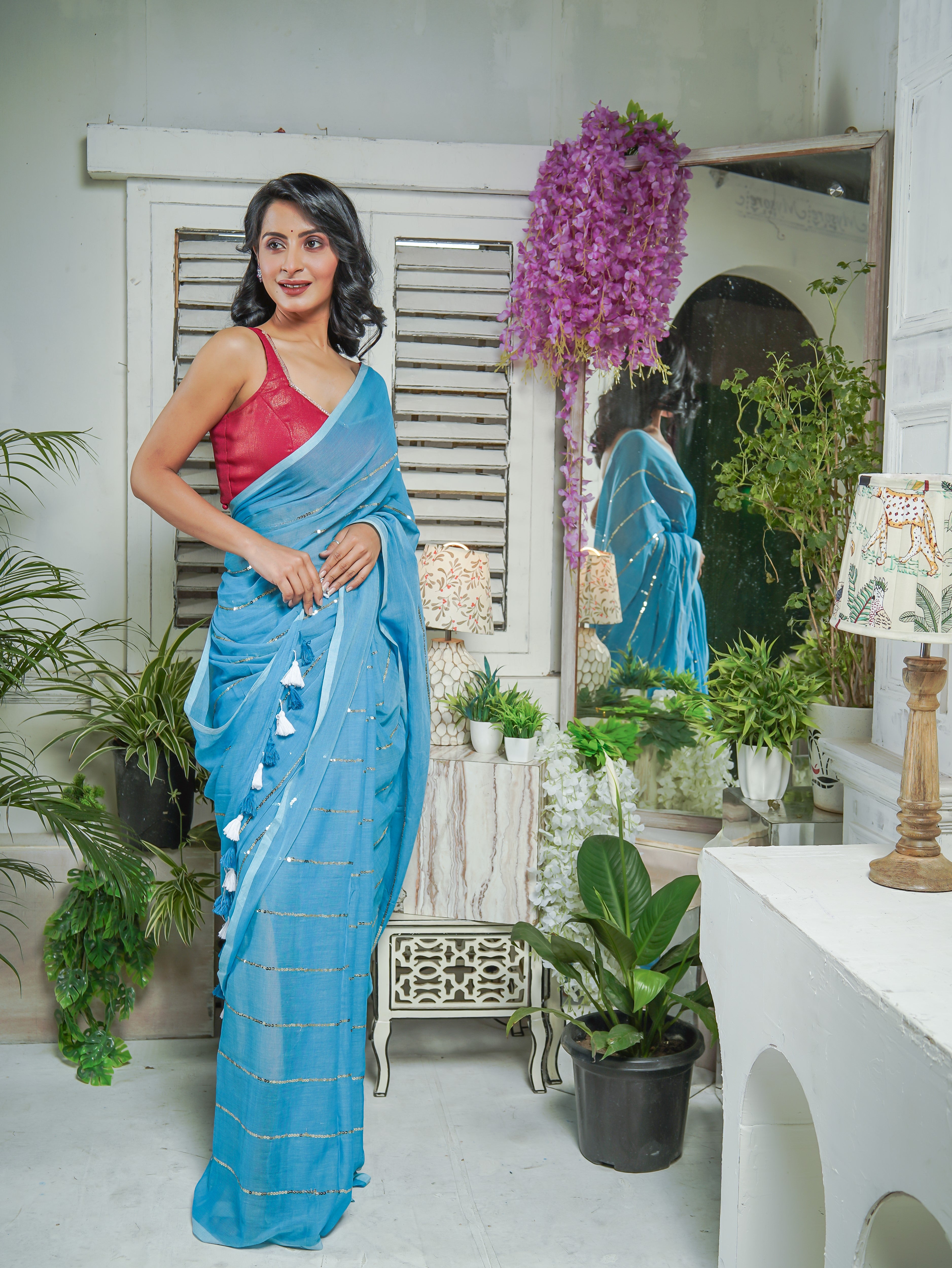 Dark Blue Mulmul Cotton Saree All Over Sequence Work