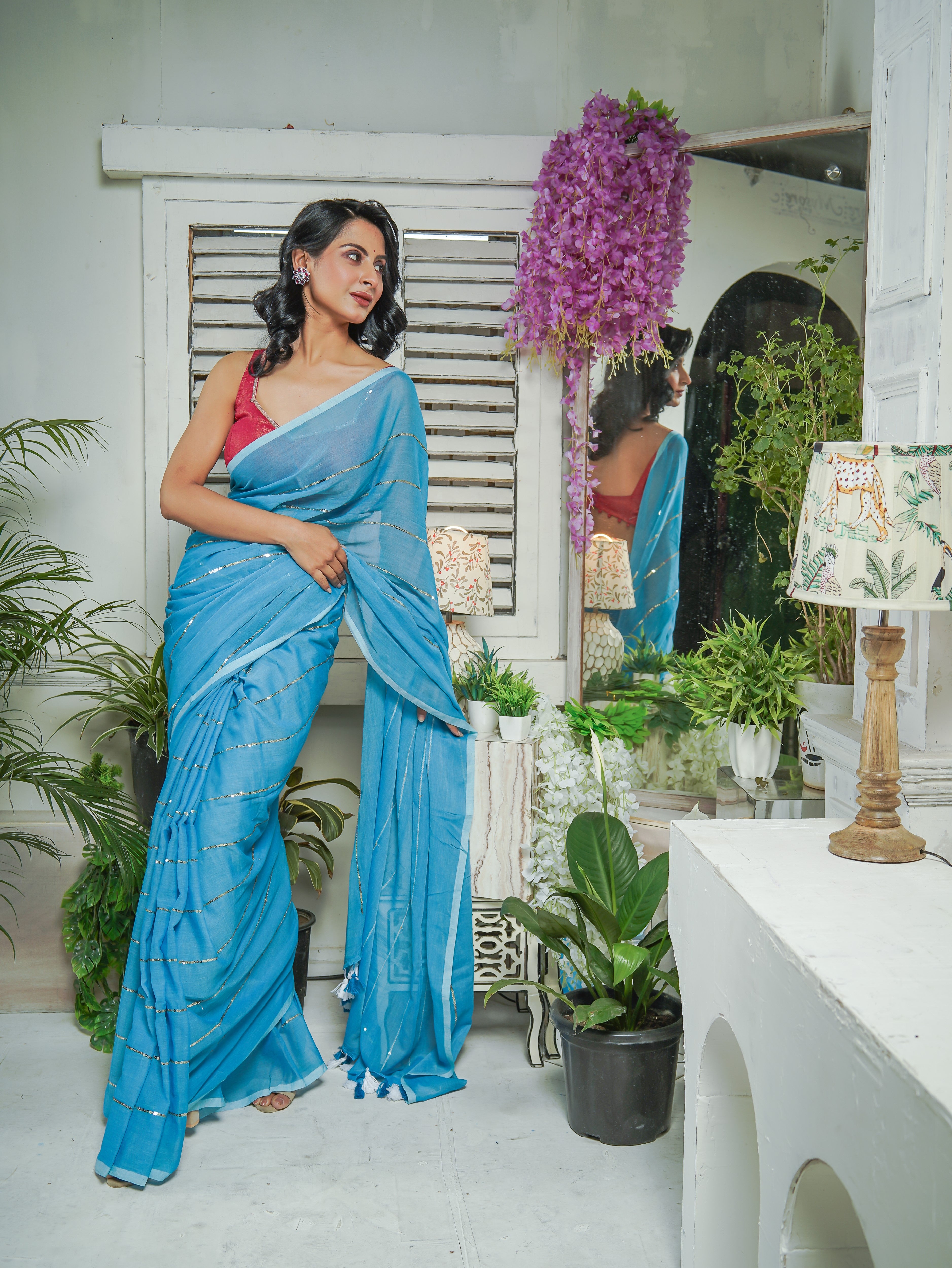 Dark Blue Mulmul Cotton Saree All Over Sequence Work