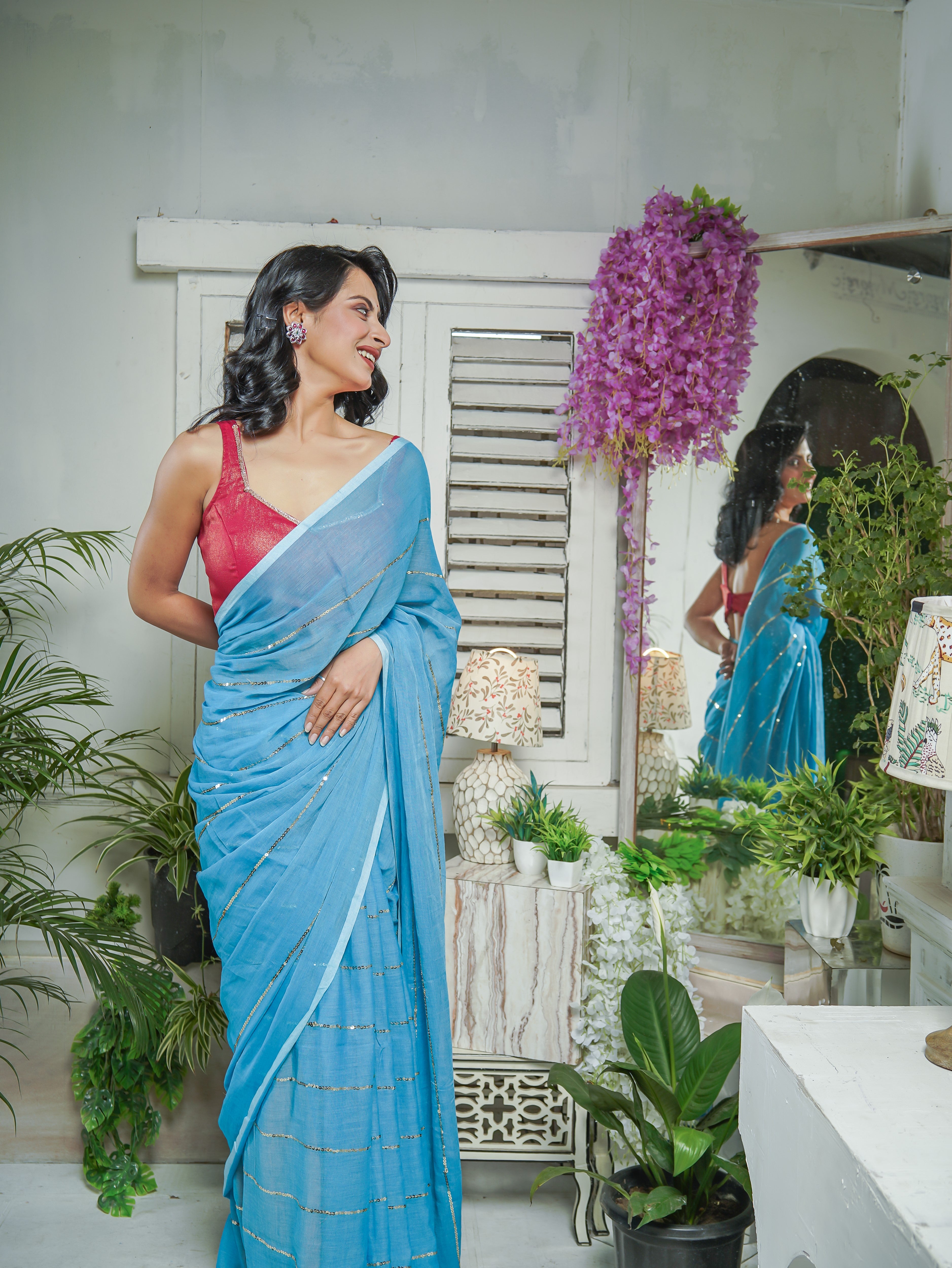 Dark Blue Mulmul Cotton Saree All Over Sequence Work