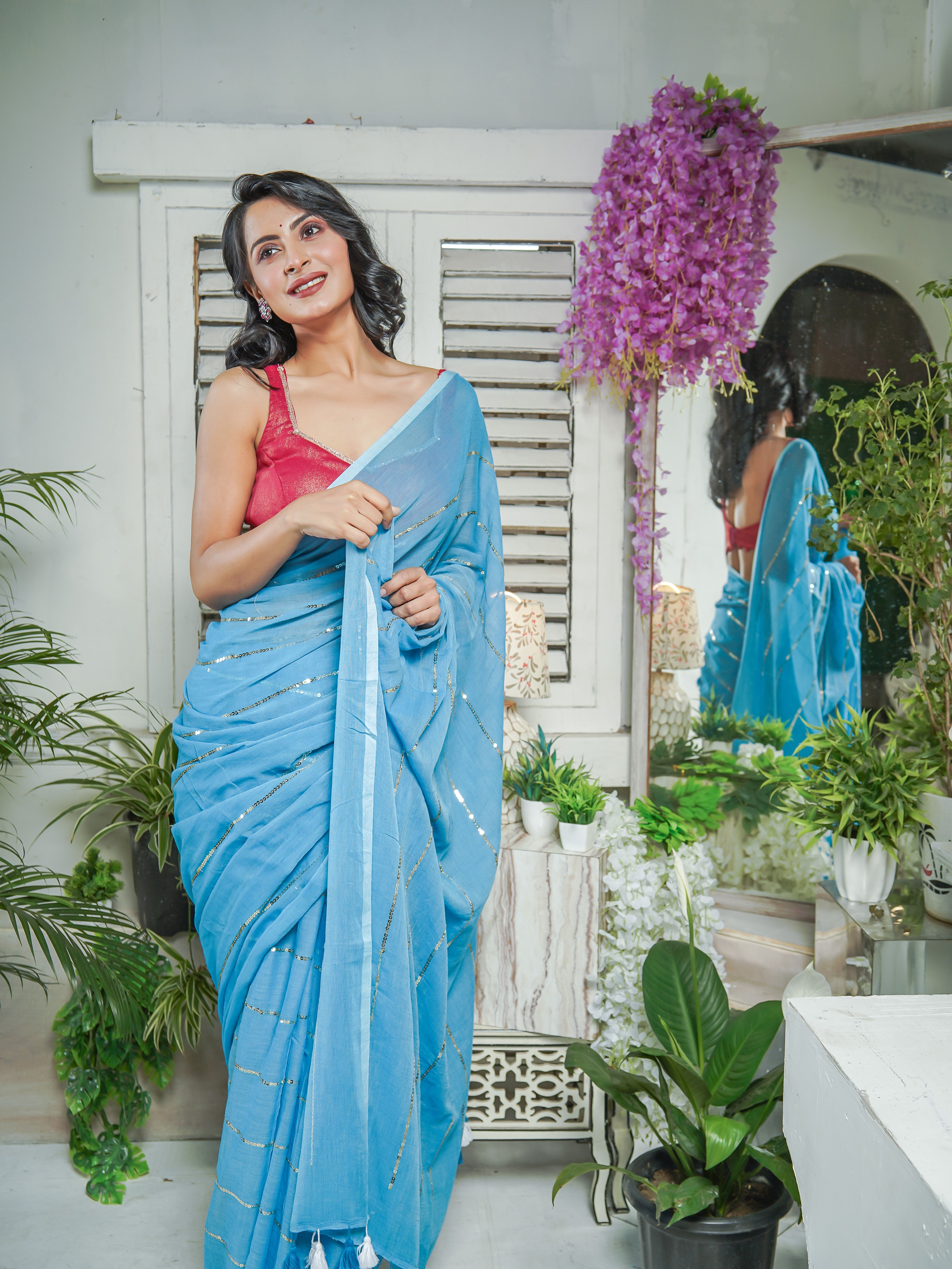 Dark Blue Mulmul Cotton Saree All Over Sequence Work