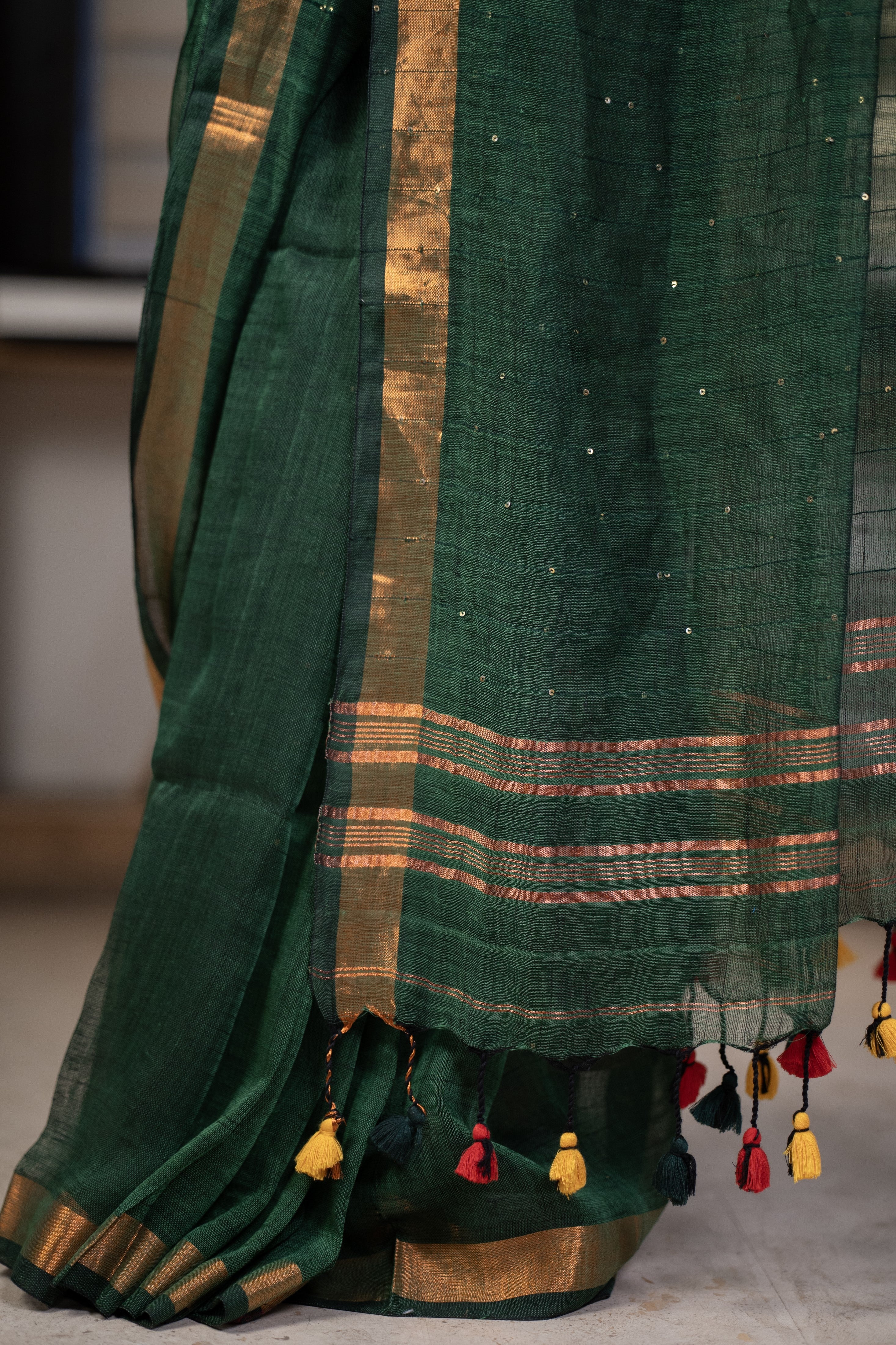 Dark green Sequence Work Linen Saree
