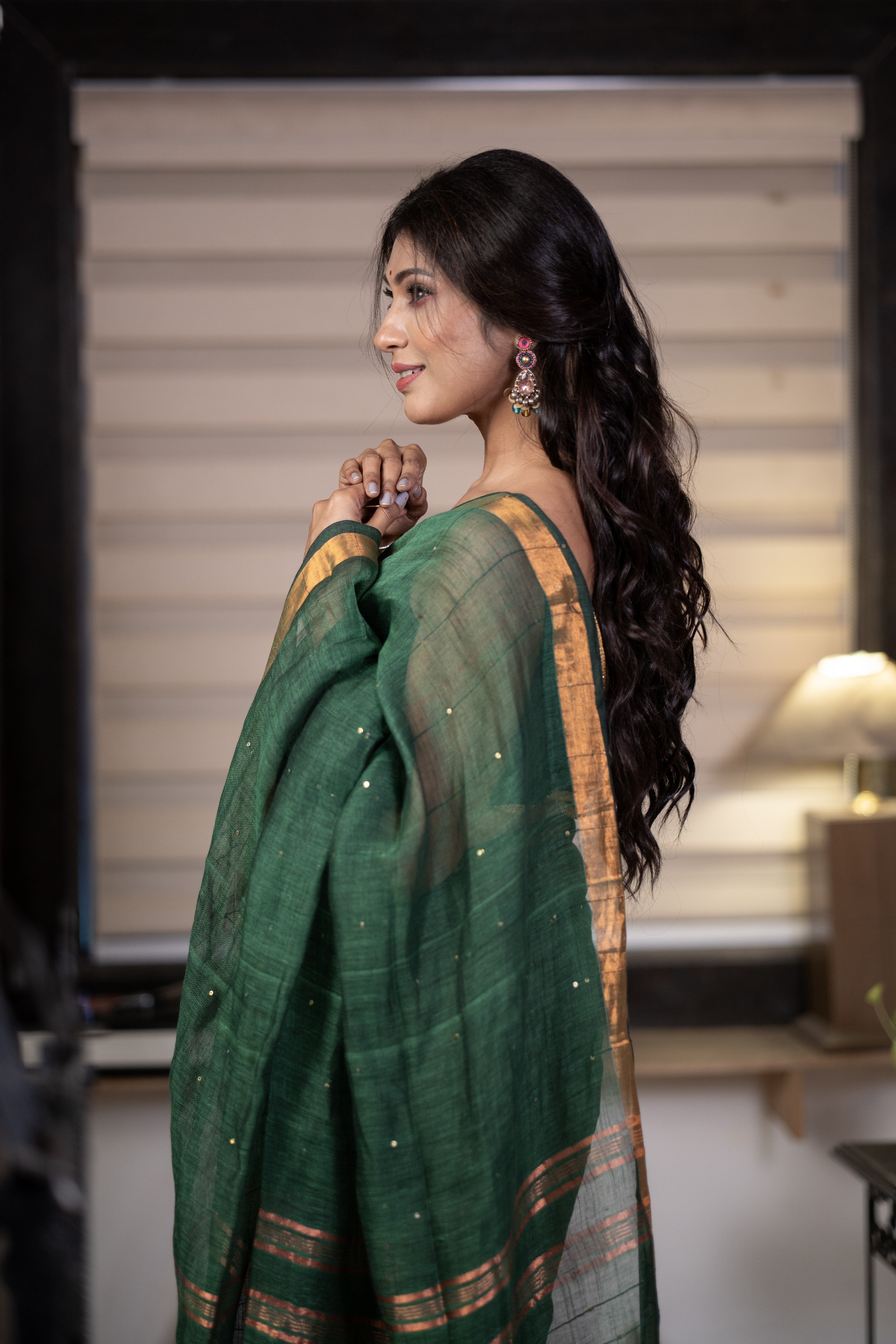 Dark green Sequence Work Linen Saree