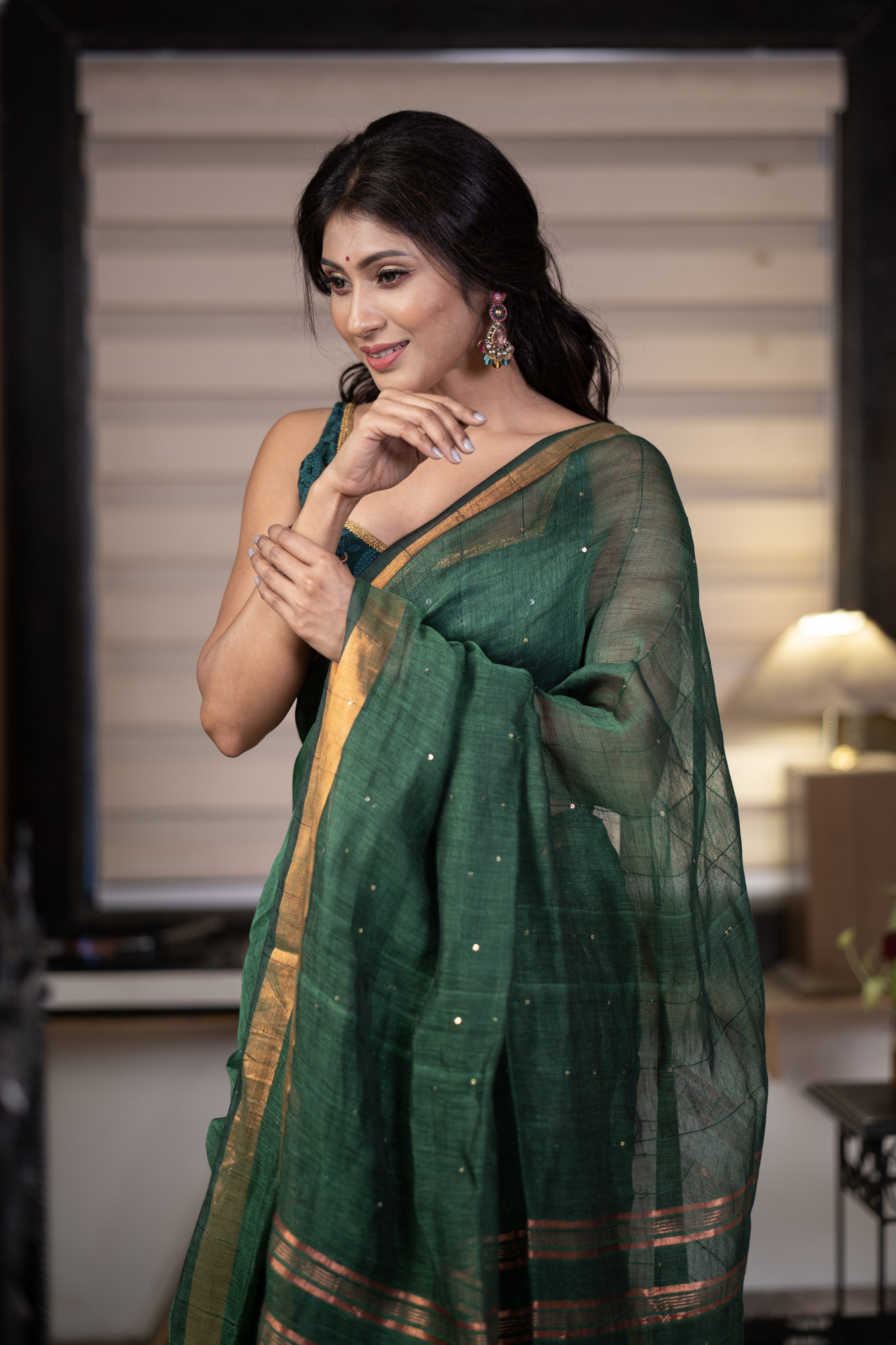 Dark green Sequence Work Linen Saree