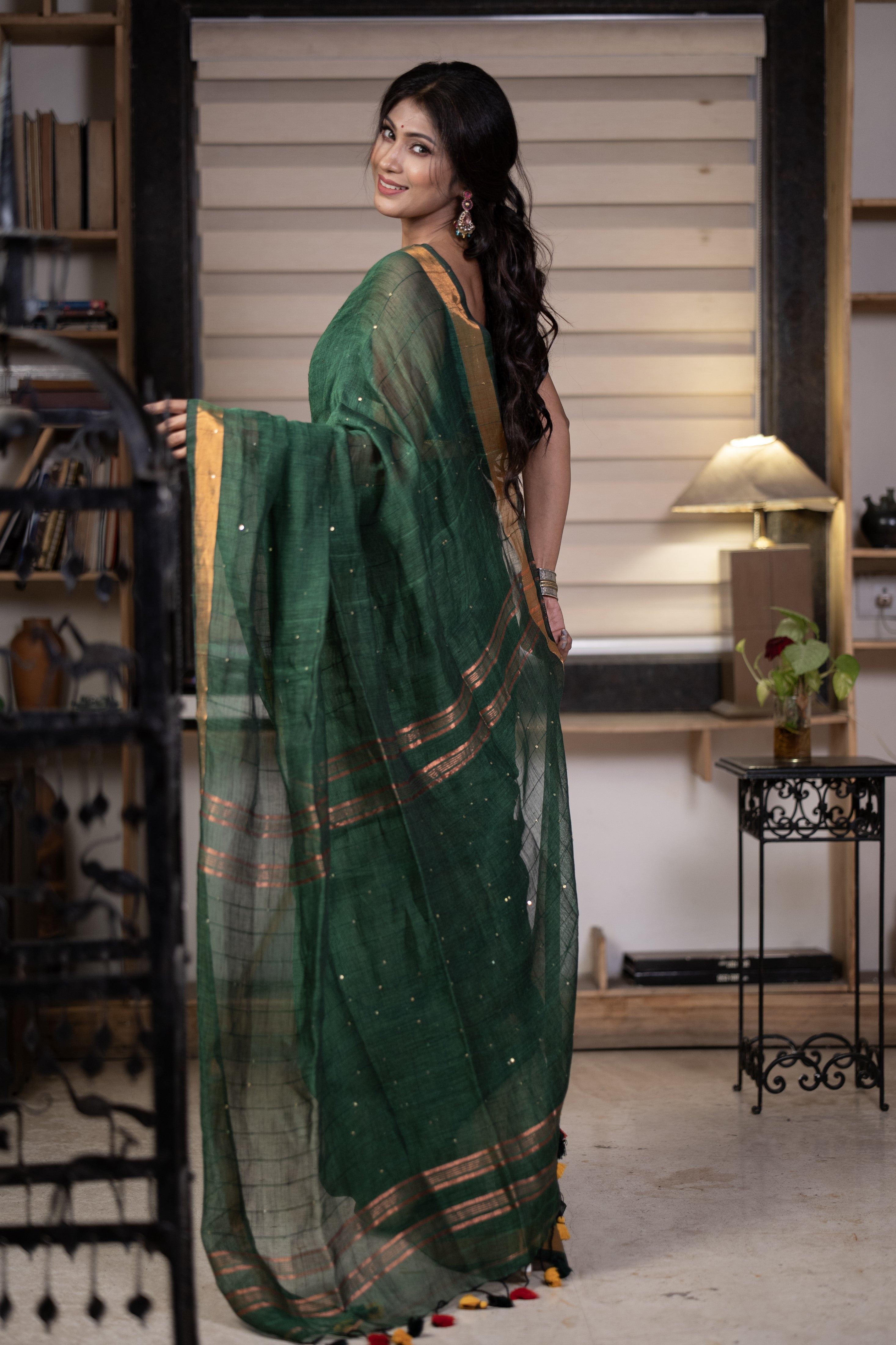 Dark green Sequence Work Linen Saree