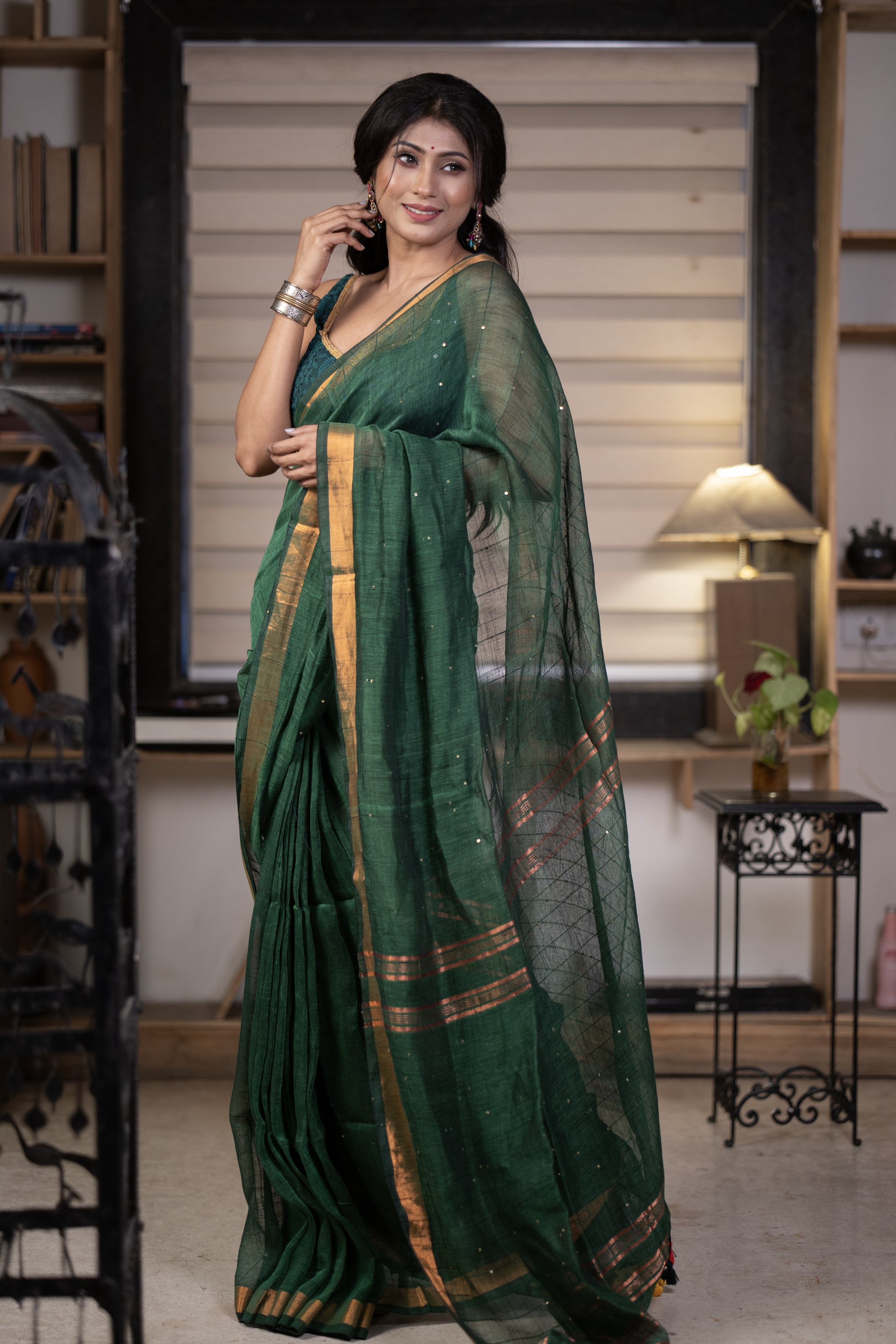 Dark green Sequence Work Linen Saree