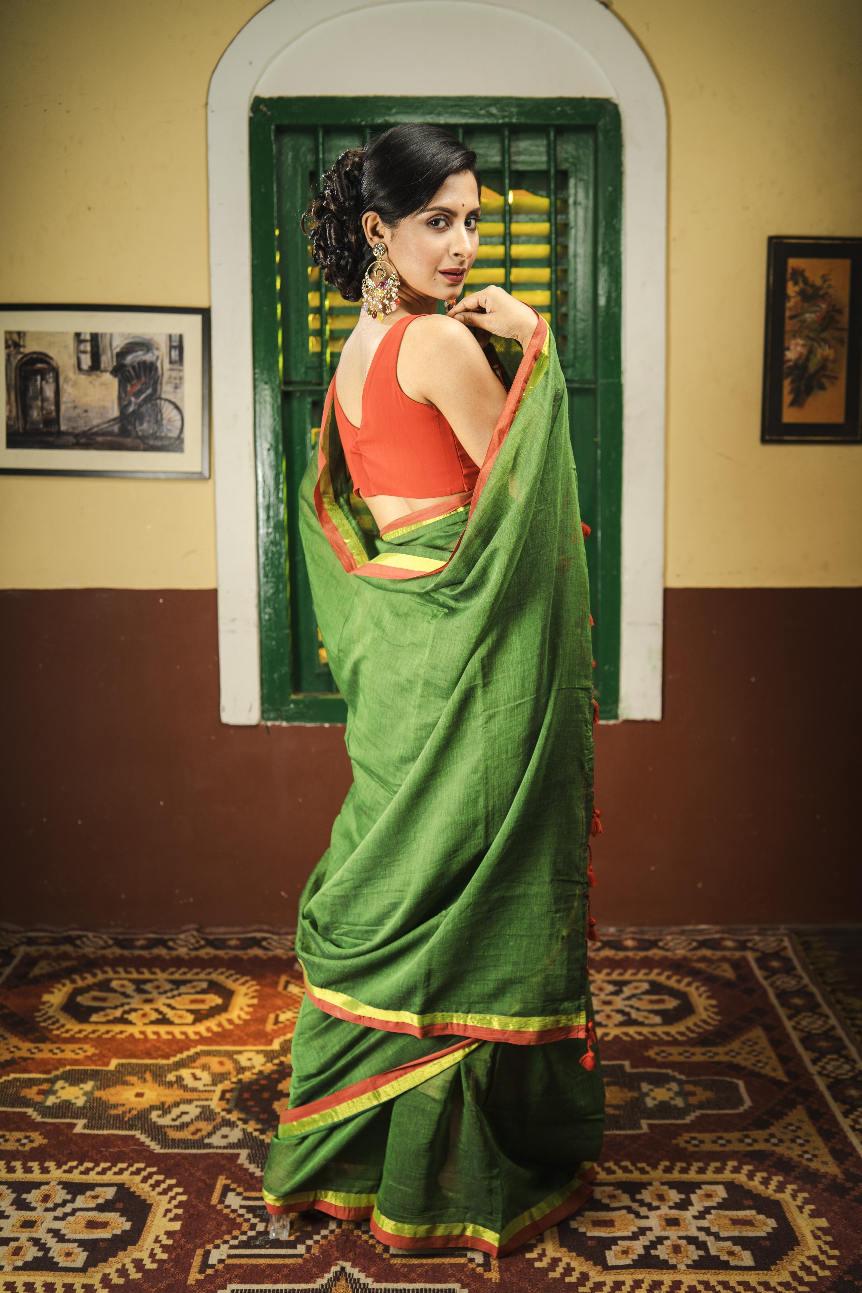 Green Mulmul Cotton Saree With Red Golden Border