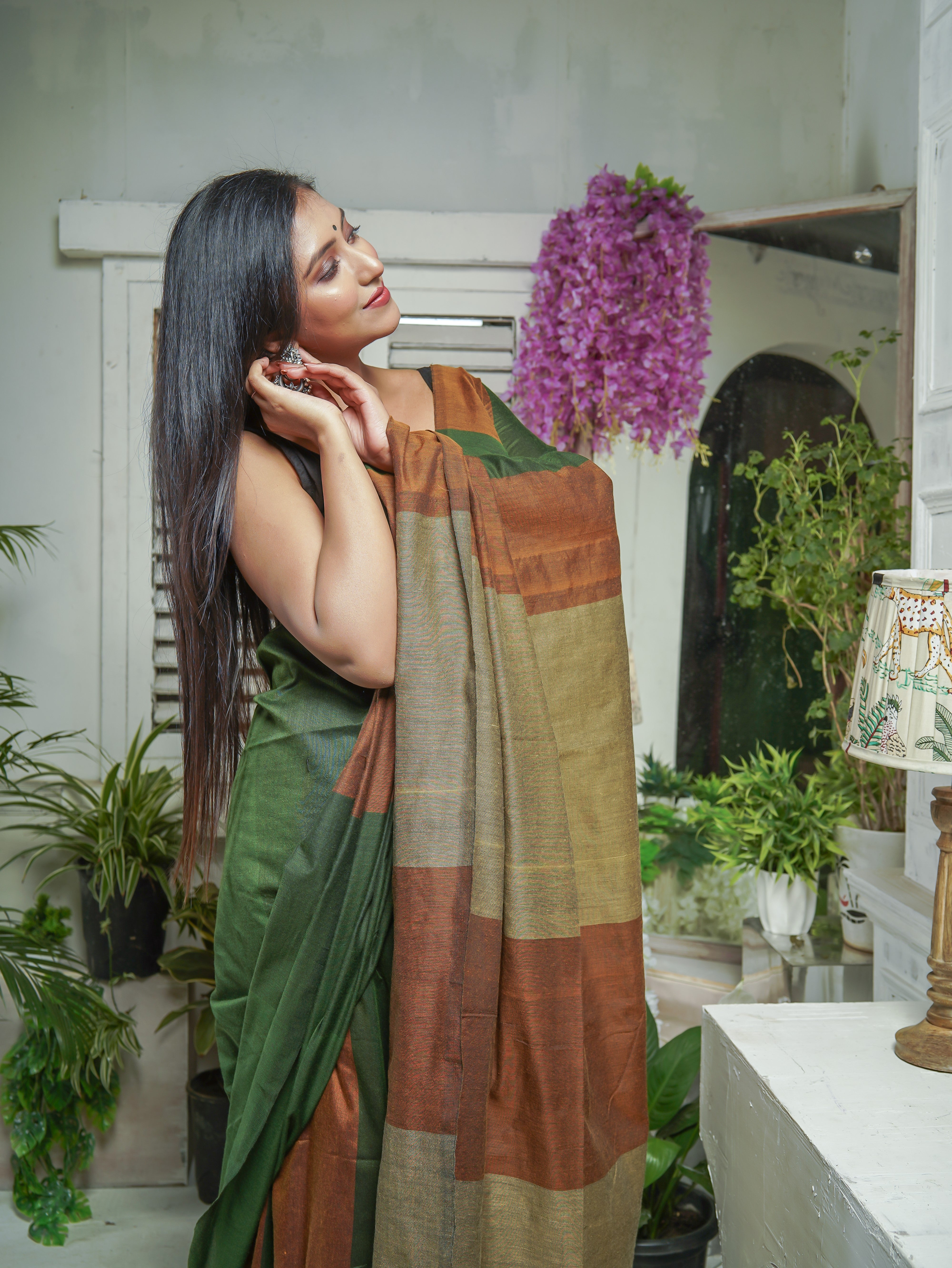Green & Rust Multicoloure Check Khadi Cotton Saree