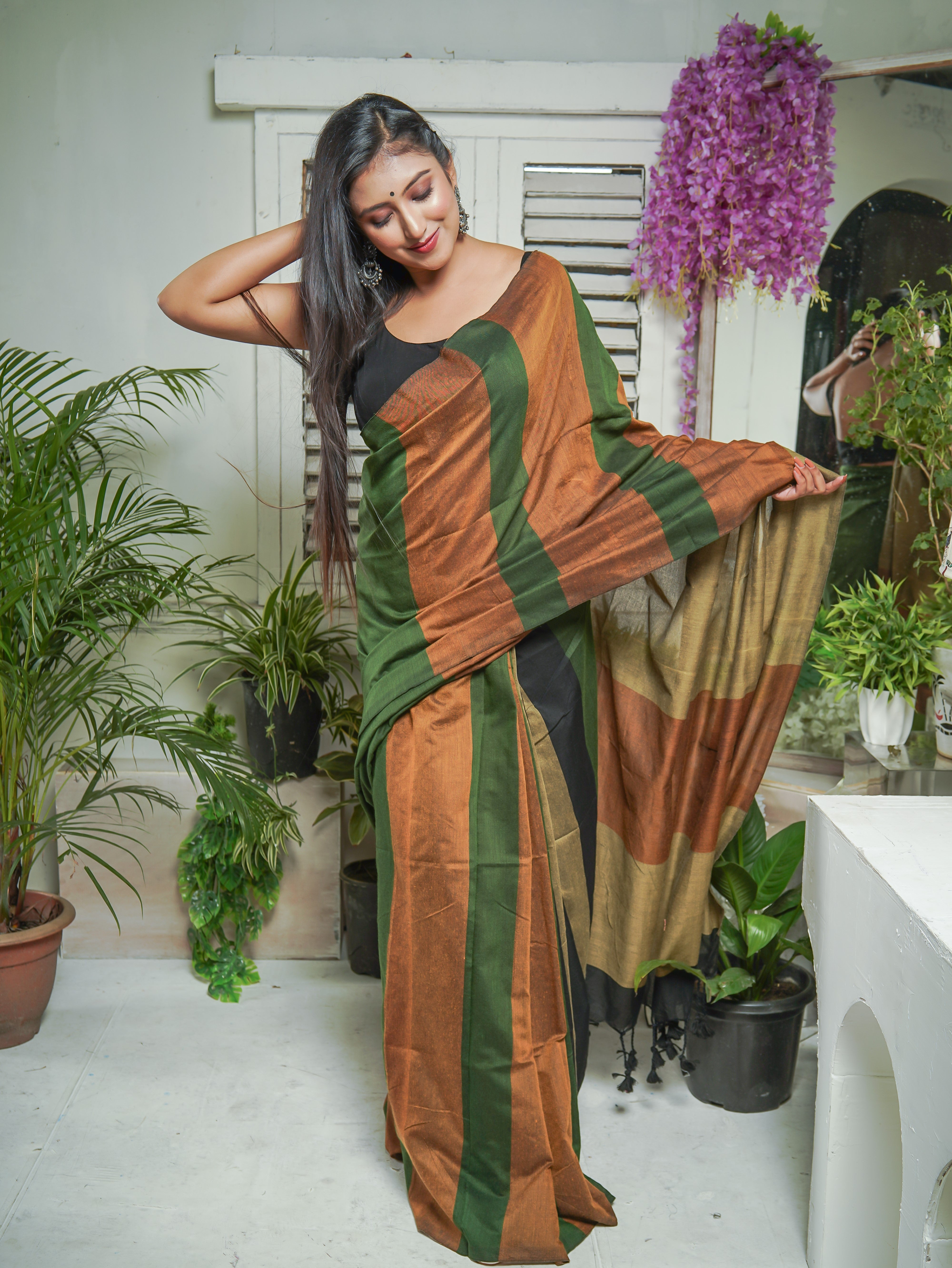 Green & Rust Multicoloure Check Khadi Cotton Saree