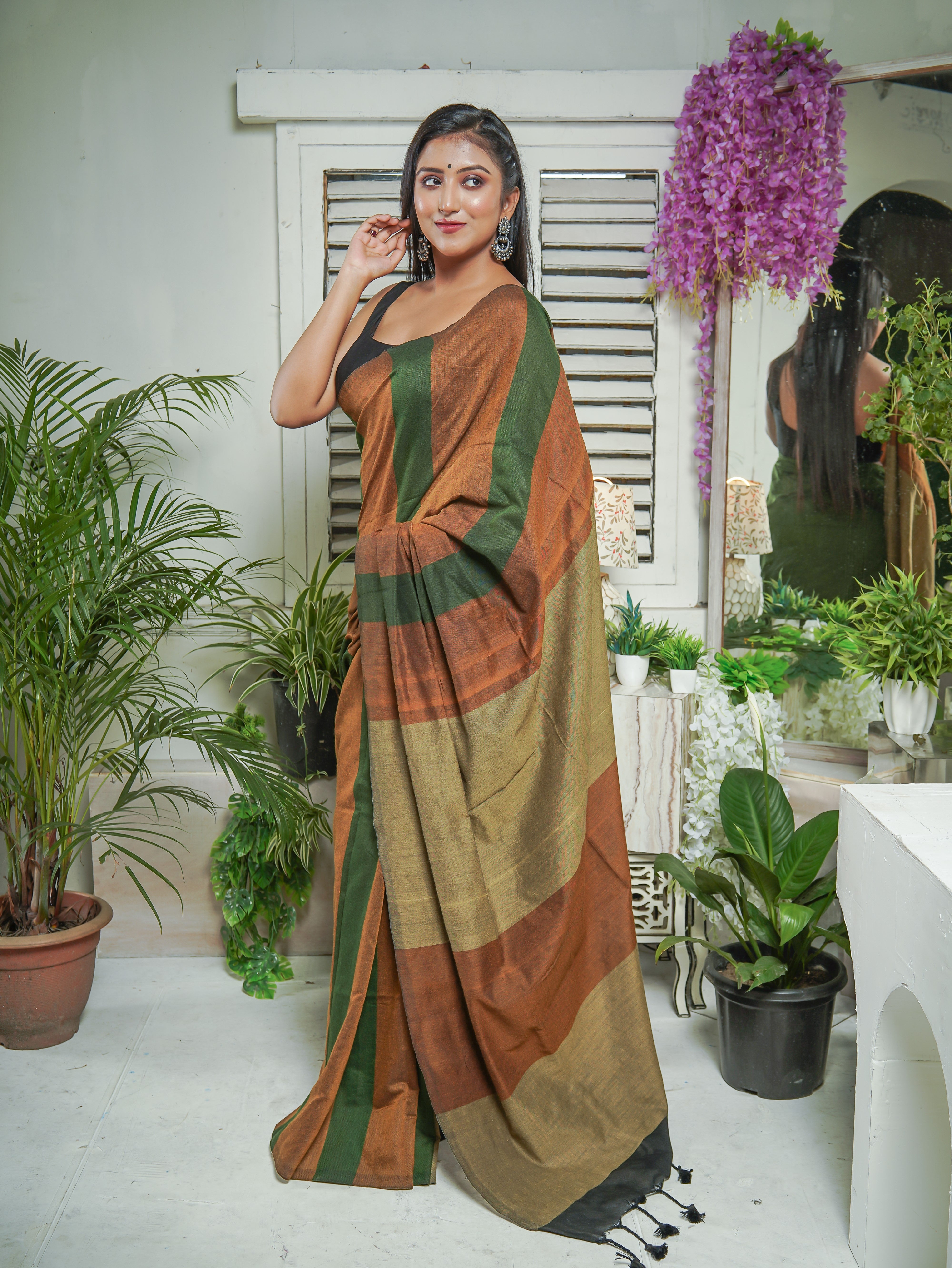 Green & Rust Multicoloure Check Khadi Cotton Saree