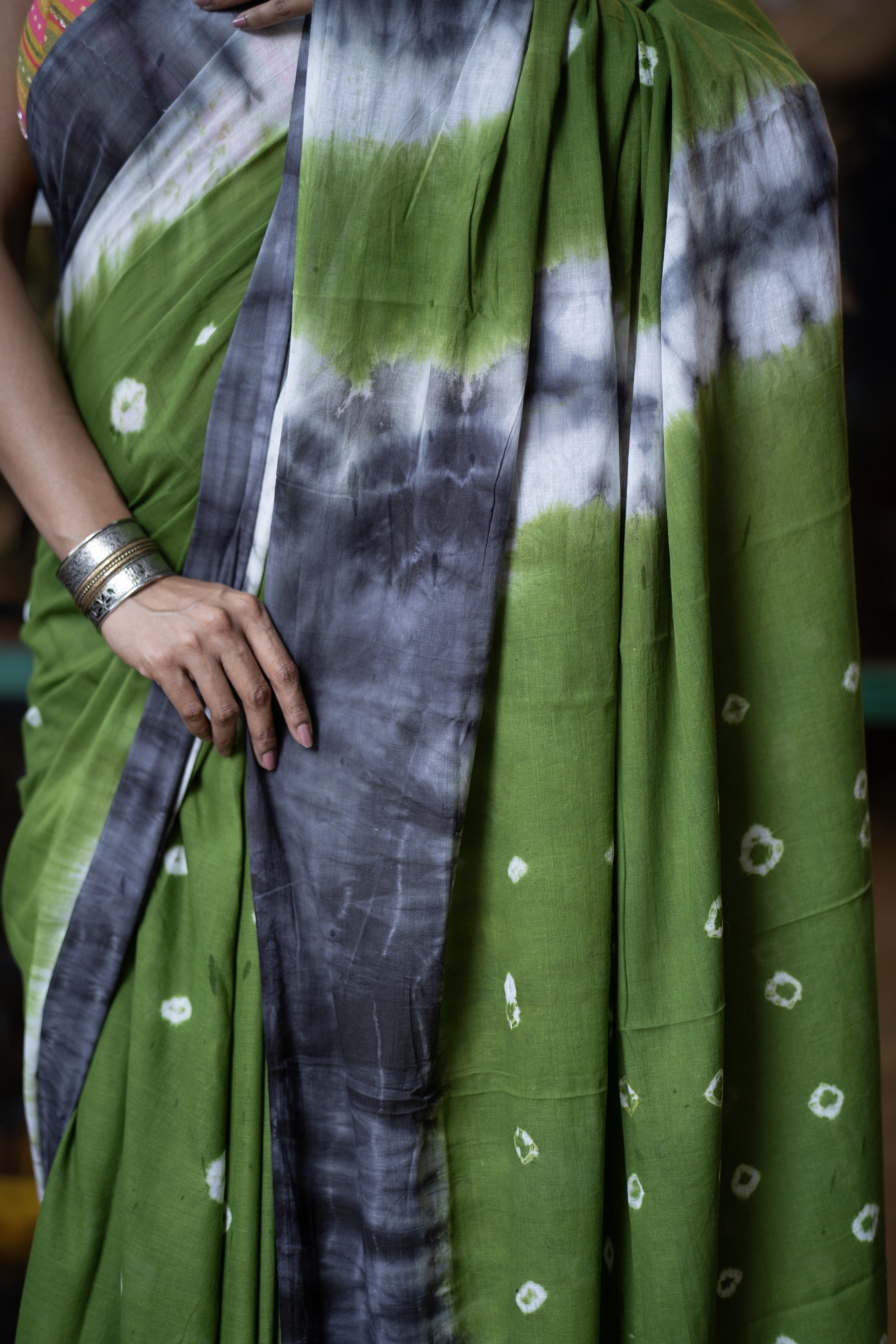 Bandhani Mulmul Cotton Saree- Green
