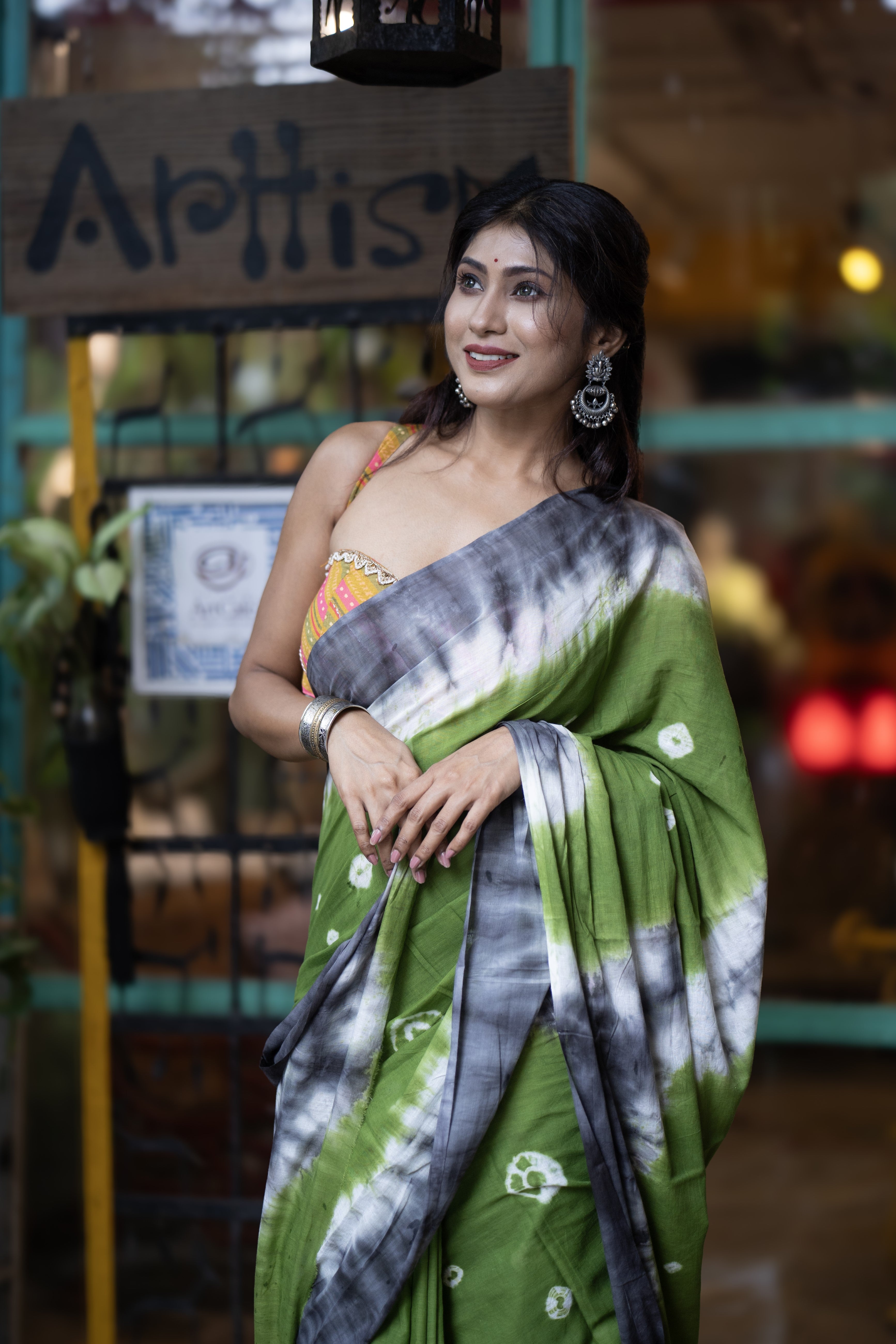 Bandhani Mulmul Cotton Saree- Green