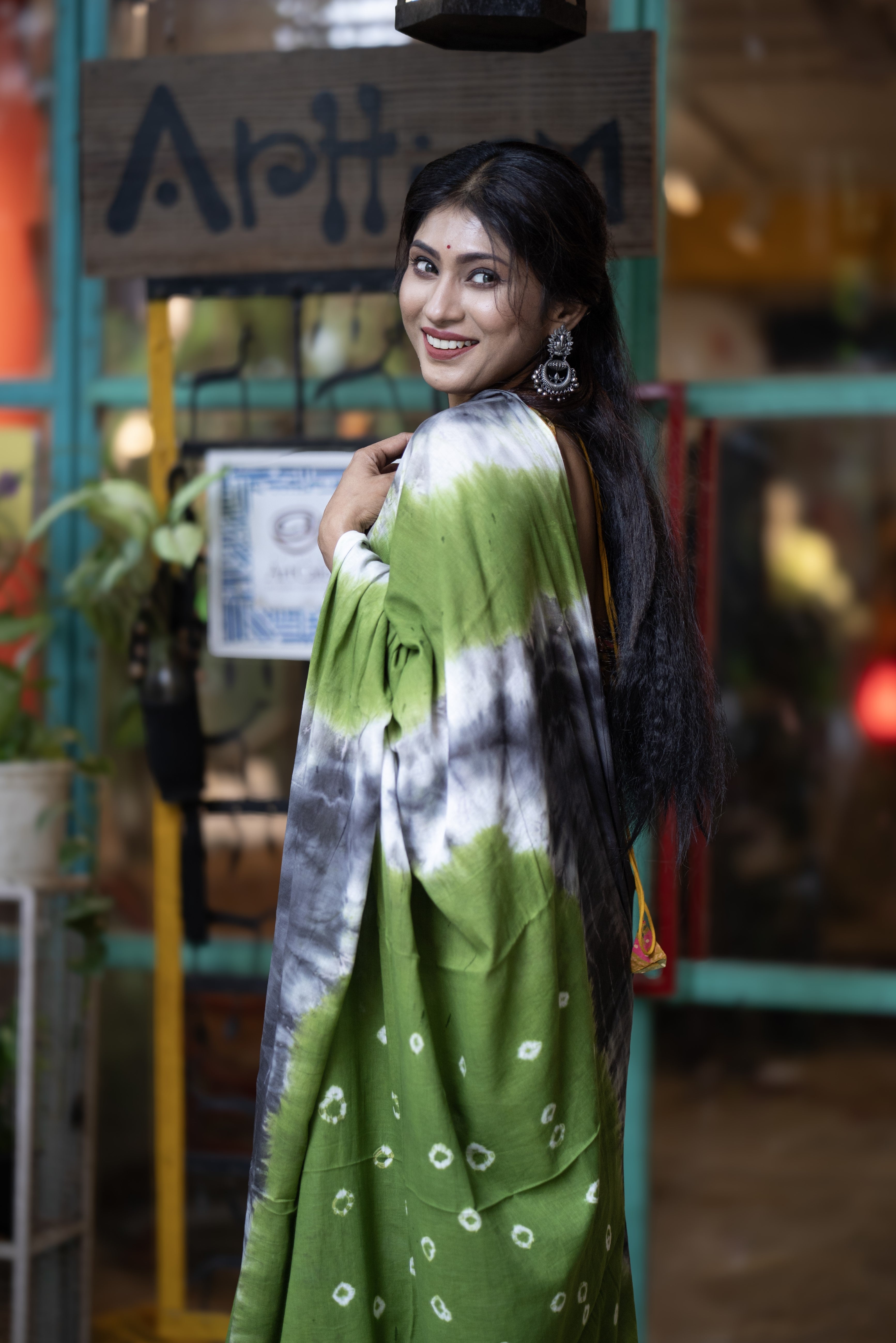 Bandhani Mulmul Cotton Saree- Green