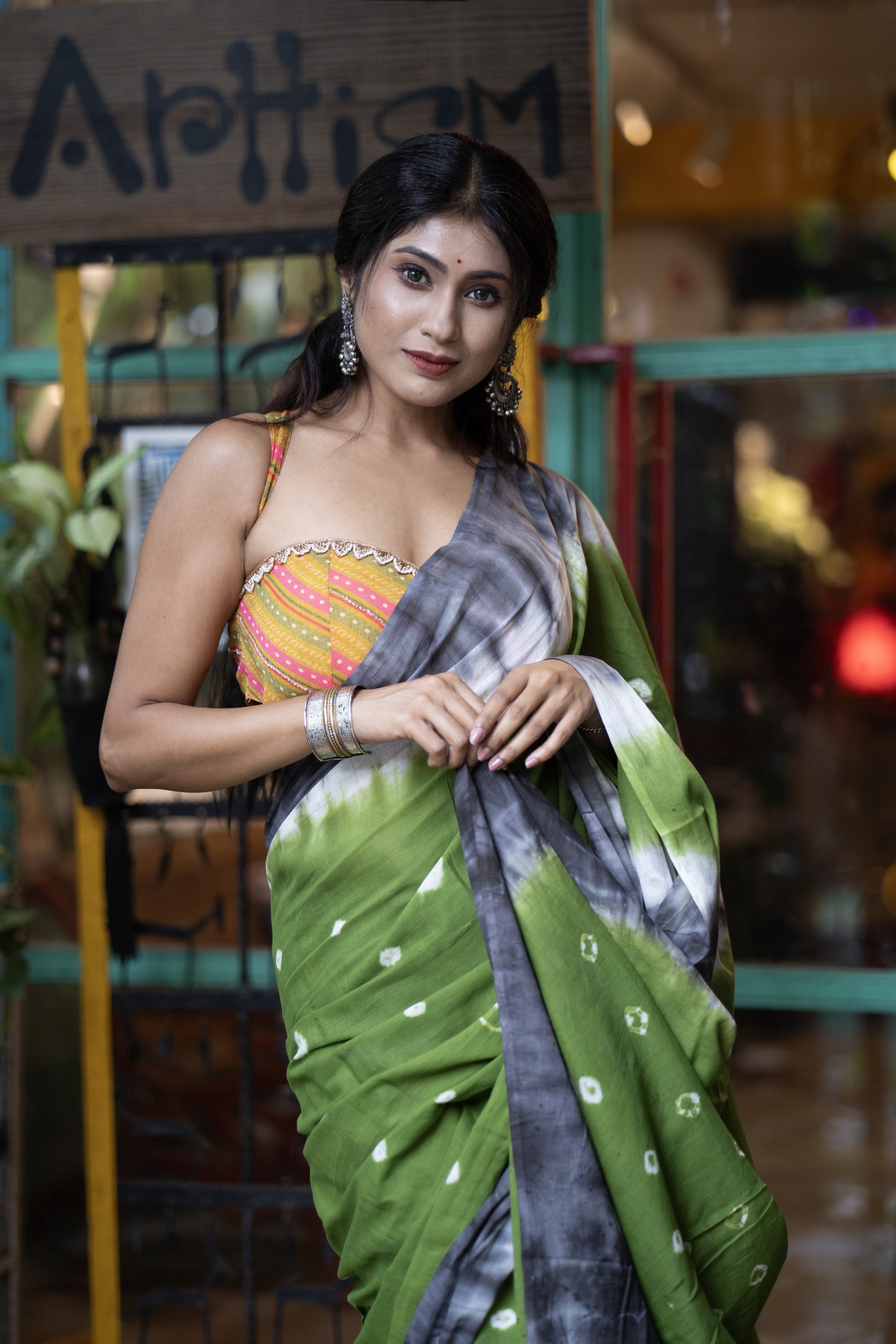 Bandhani Mulmul Cotton Saree- Green