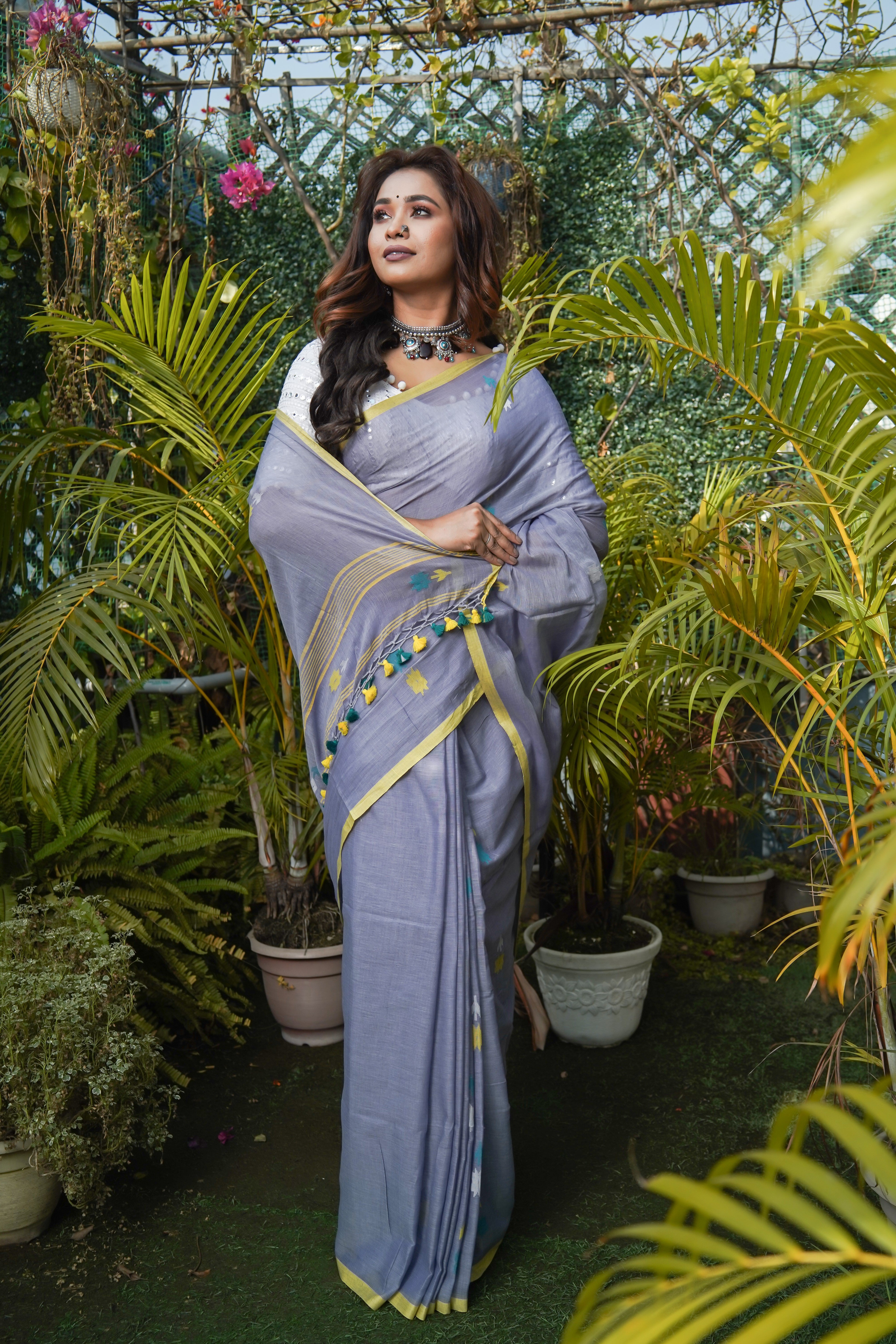 Grey & Blue Hand Weaving Mul Mul Cotton Saree