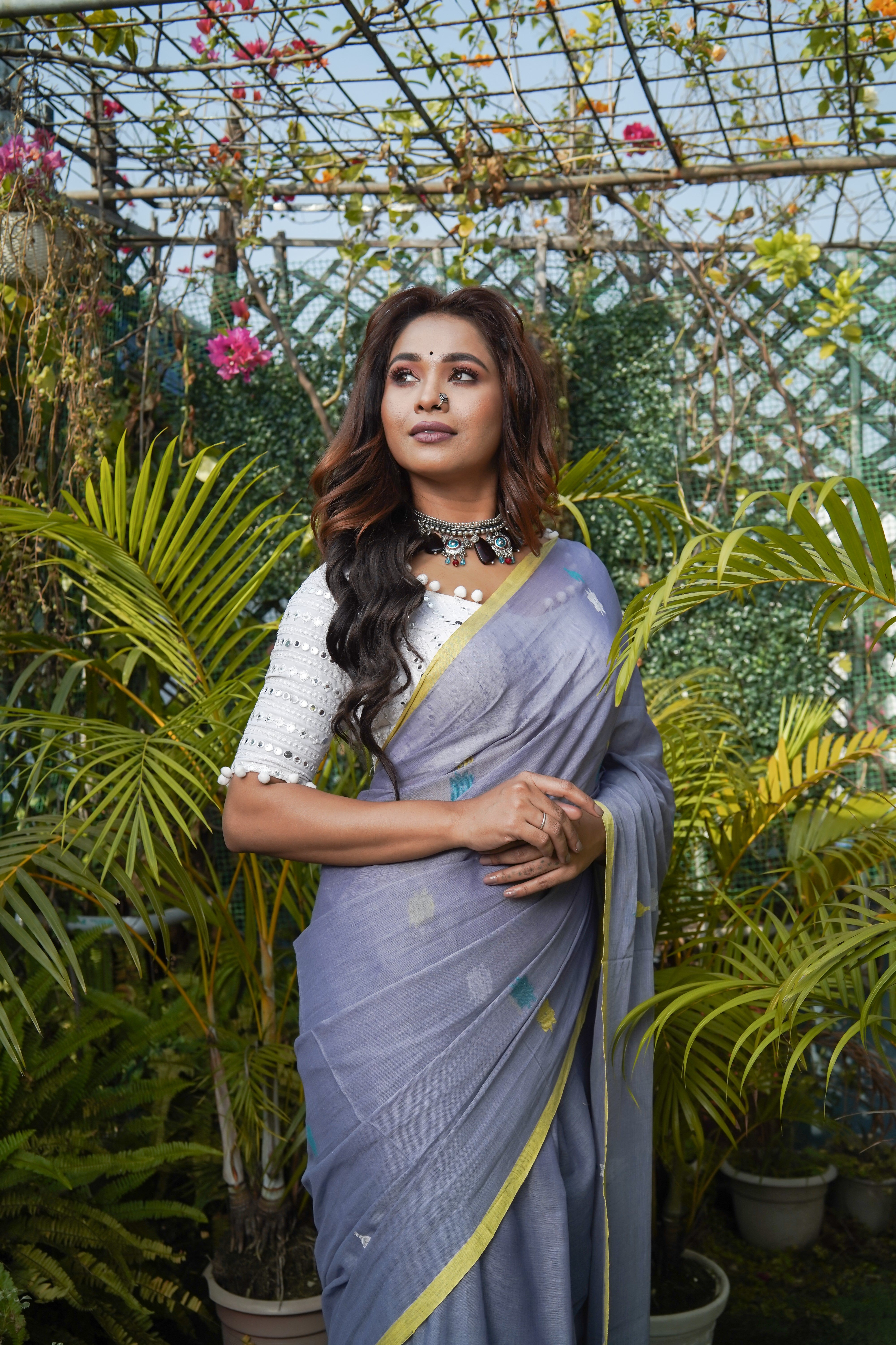 Grey & Blue Hand Weaving Mul Mul Cotton Saree