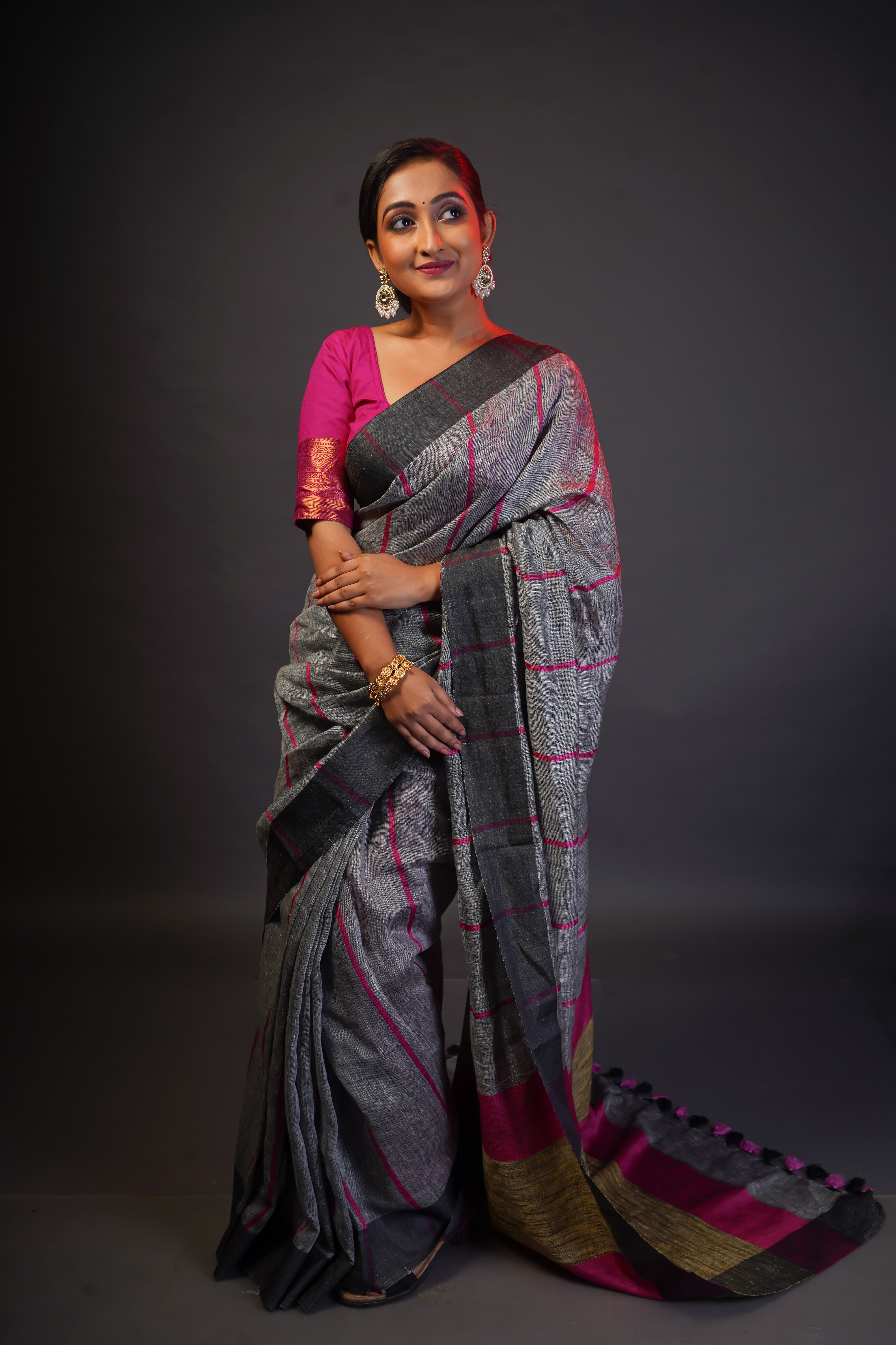 Grey Pure Linen All Over Striped Saree