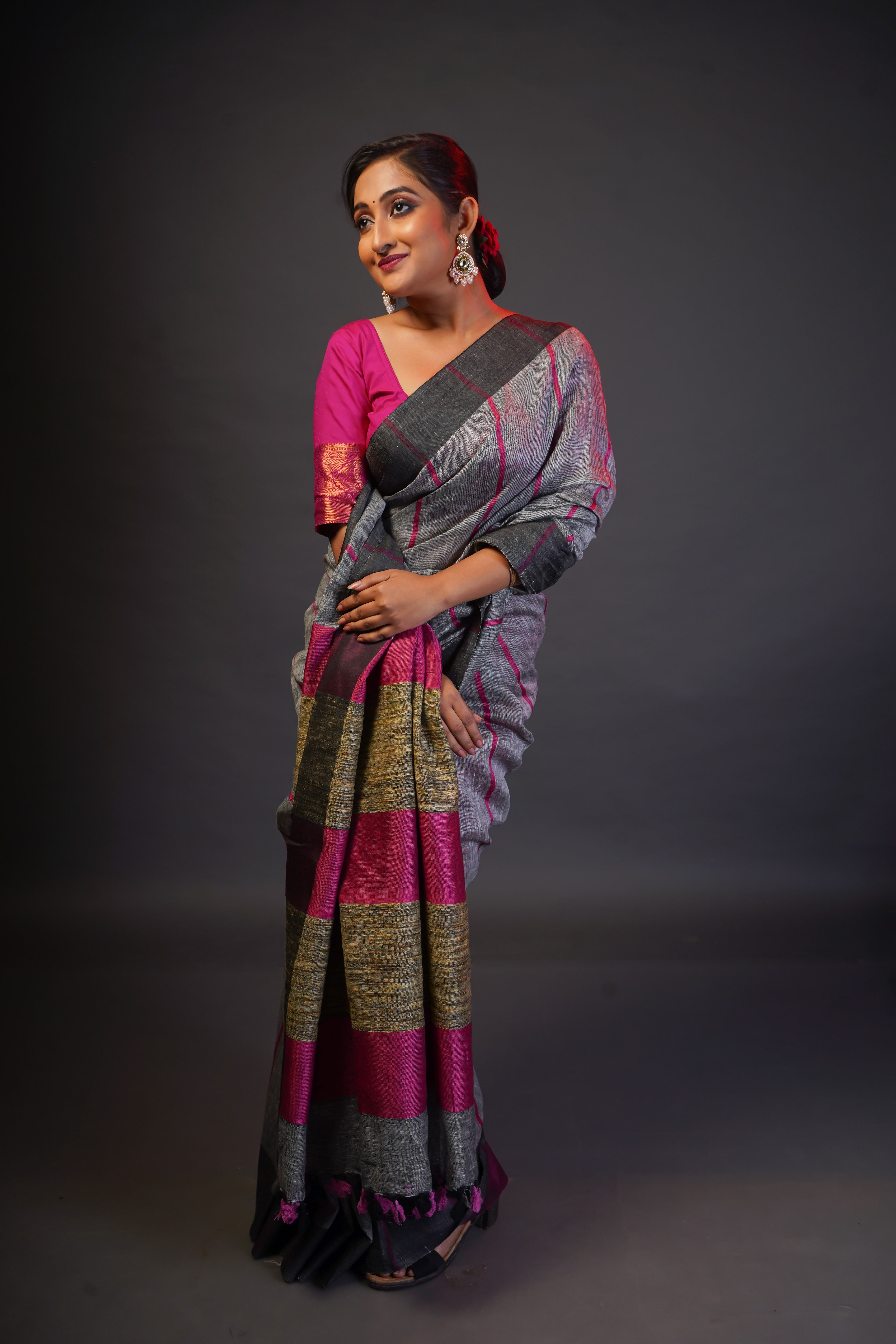 Grey Pure Linen All Over Striped Saree