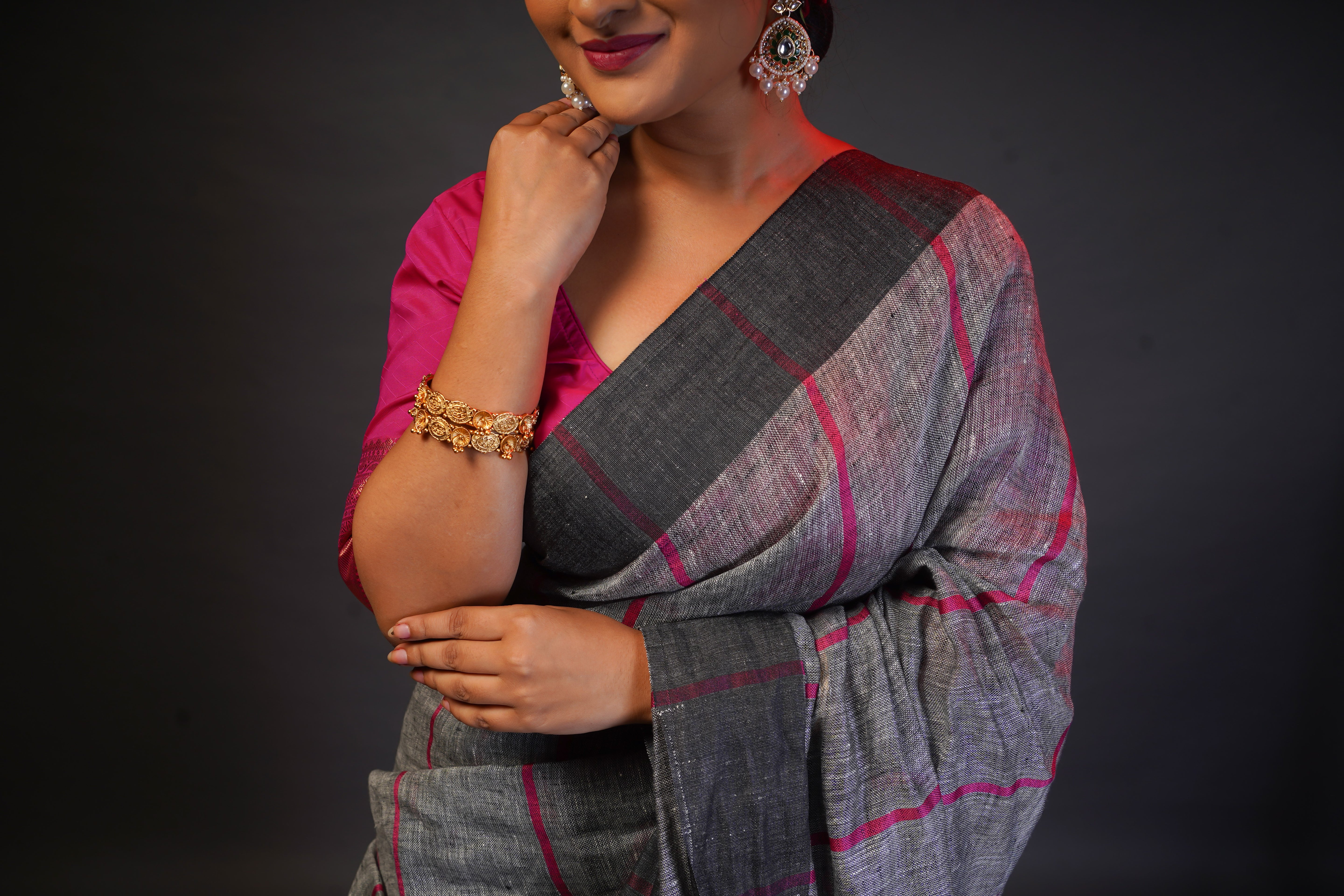 Grey Pure Linen All Over Striped Saree