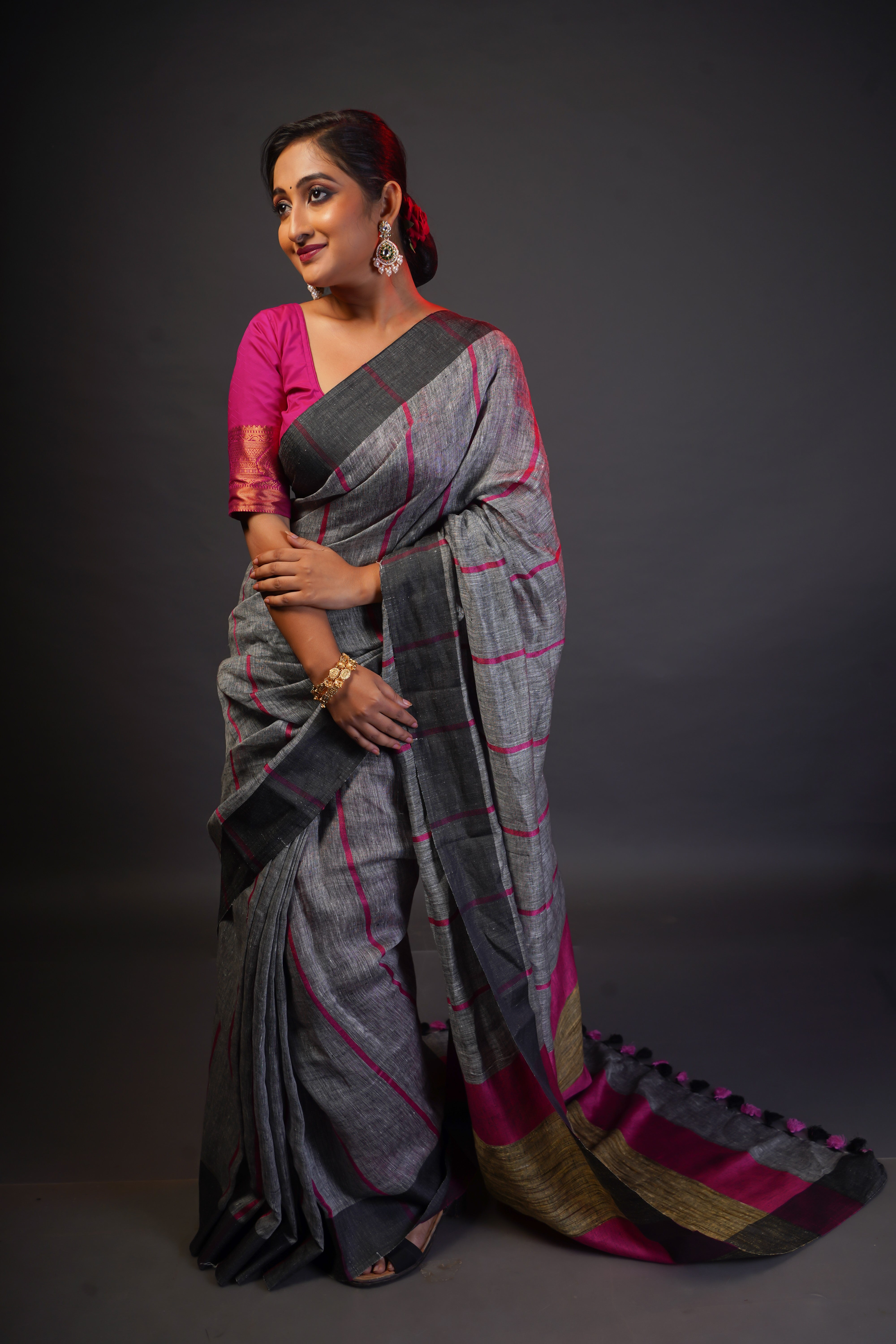 Grey Pure Linen All Over Striped Saree