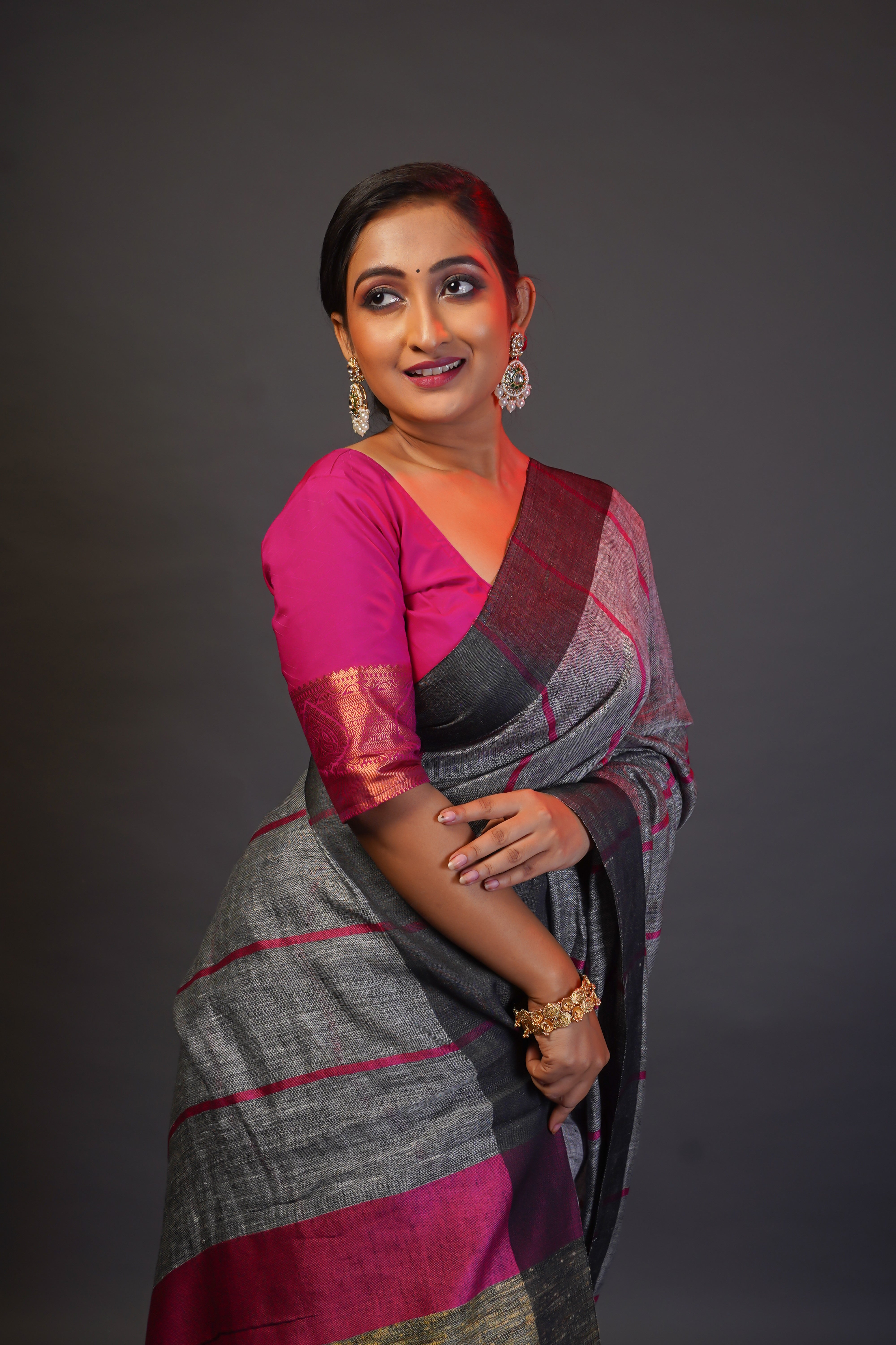 Grey Pure Linen All Over Striped Saree