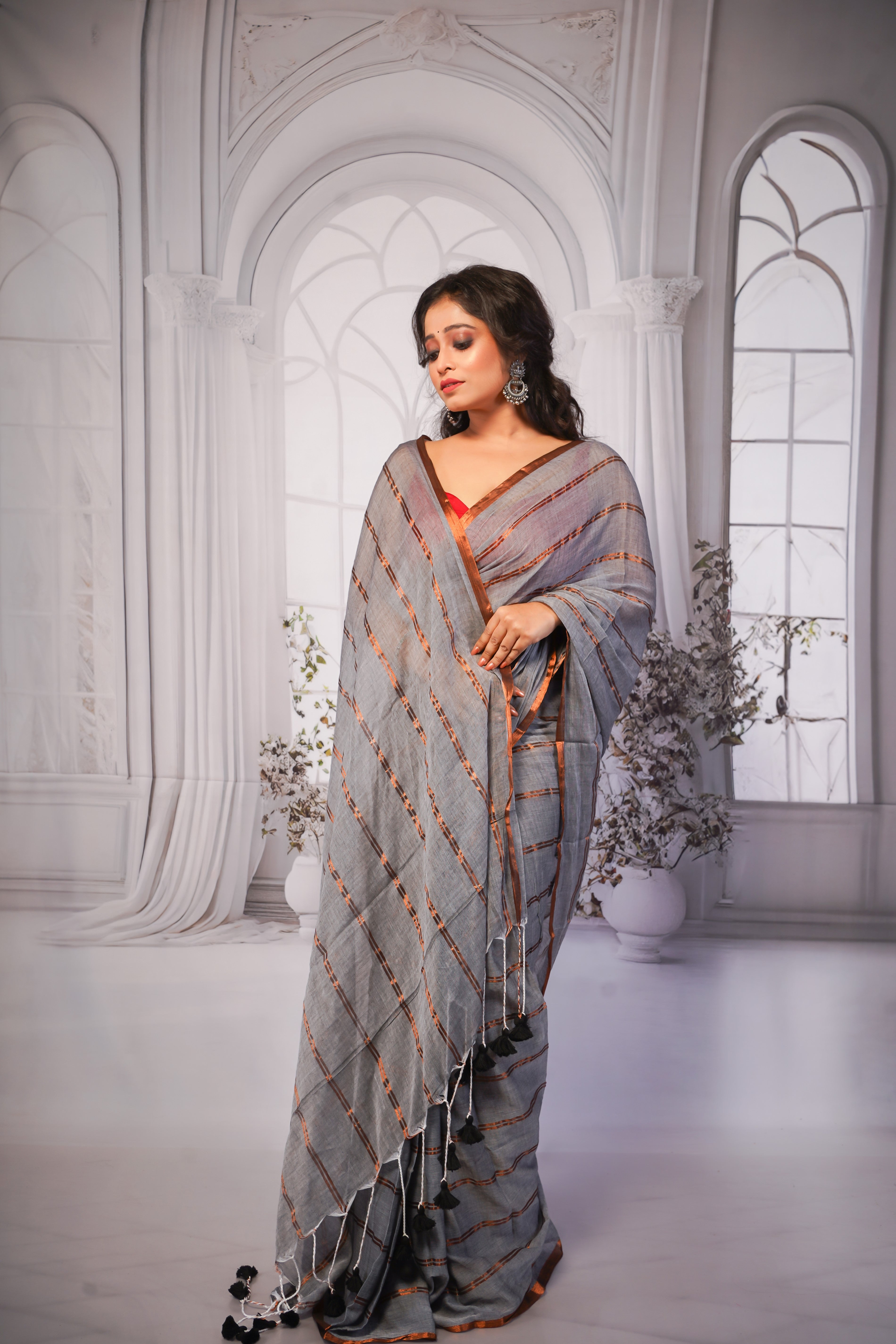 Grey Striped Mul Mul Cotton Saree