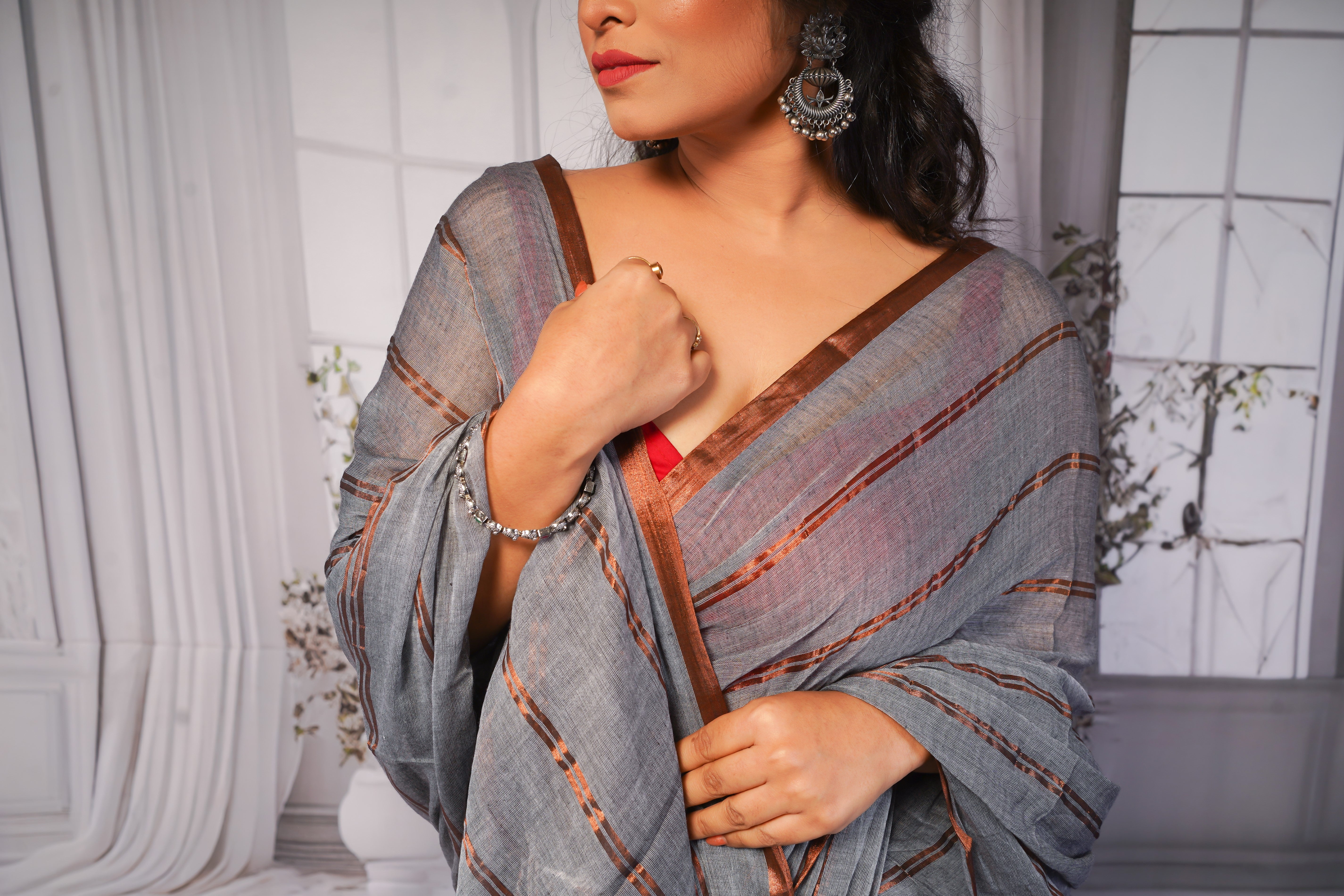 Grey Striped Mul Mul Cotton Saree