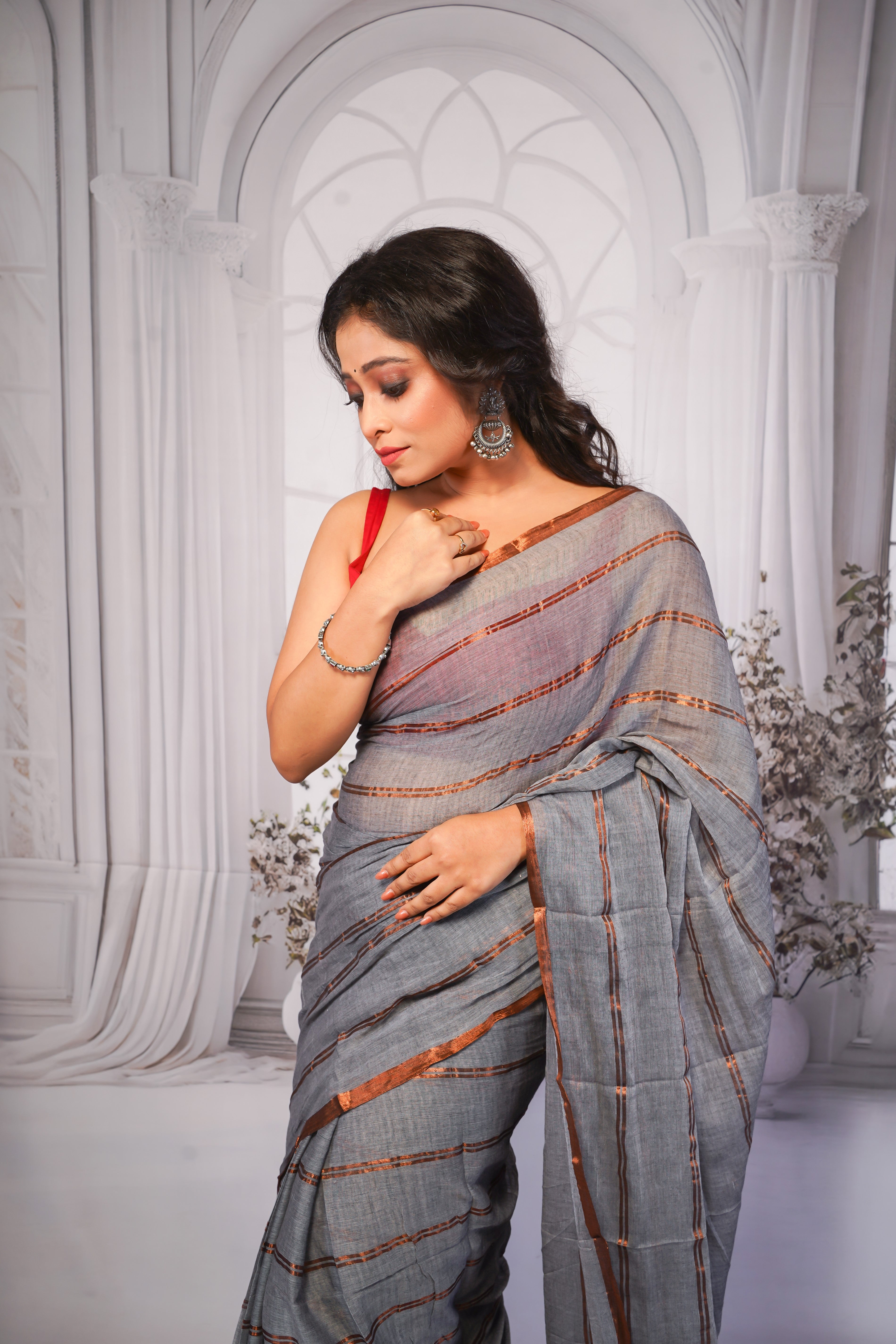 Grey Striped Mul Mul Cotton Saree