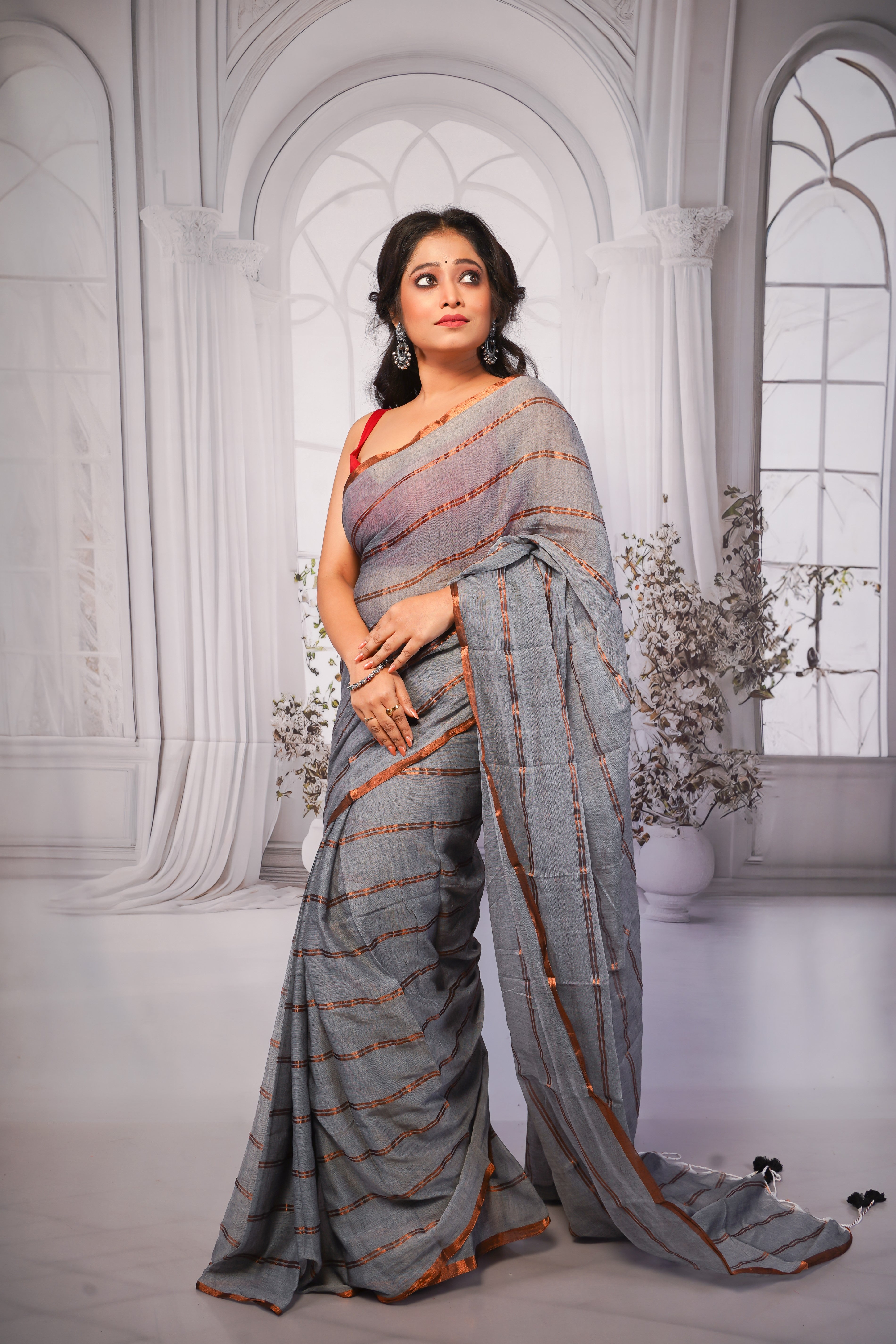 Grey Striped Mul Mul Cotton Saree