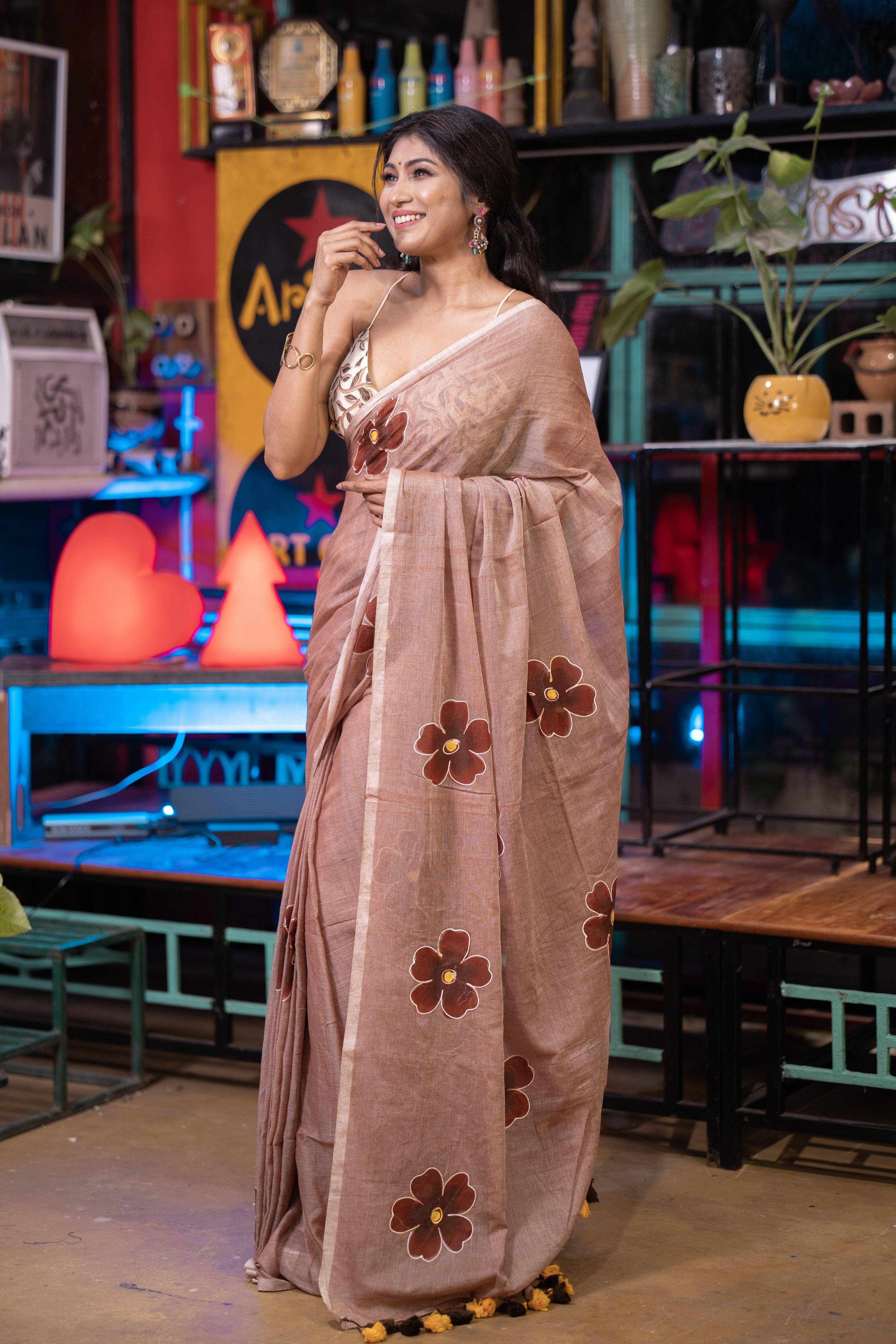 Hand-Printed Floral Mulmul Cotton Saree- Wood