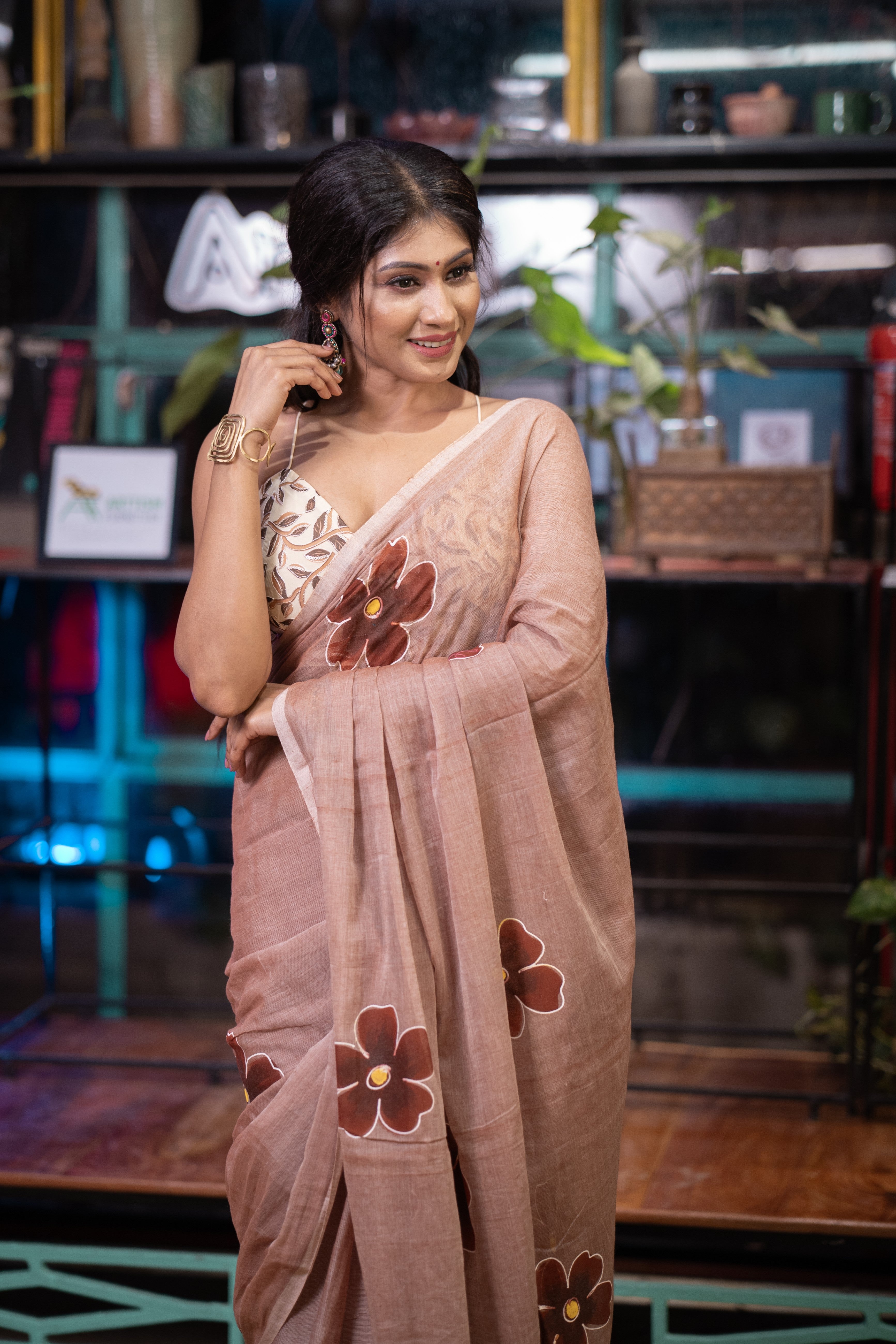 Hand-Printed Floral Mulmul Cotton Saree- Wood