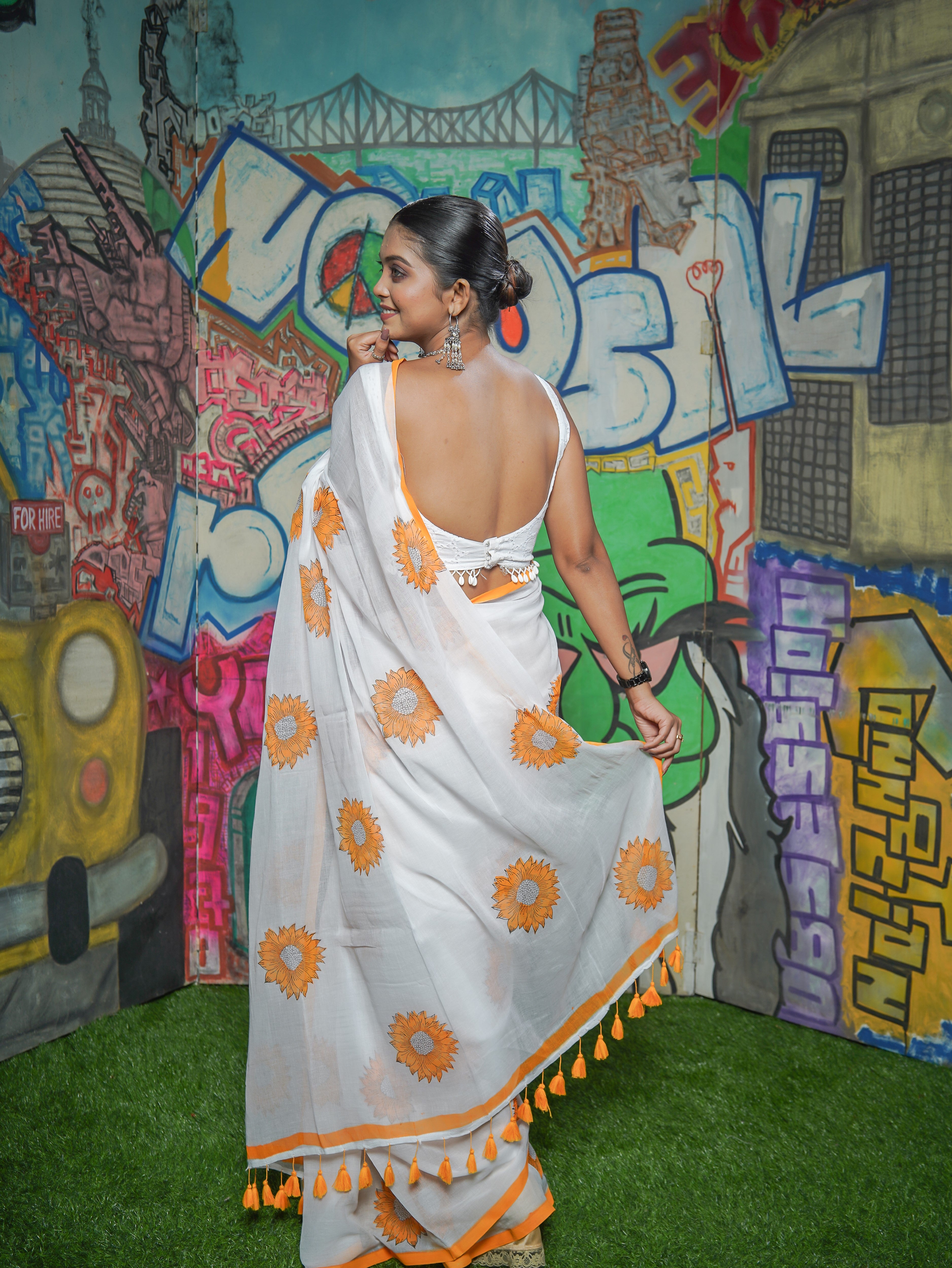 Hand-Printed Sunflower Mulmul Cotton Saree- White