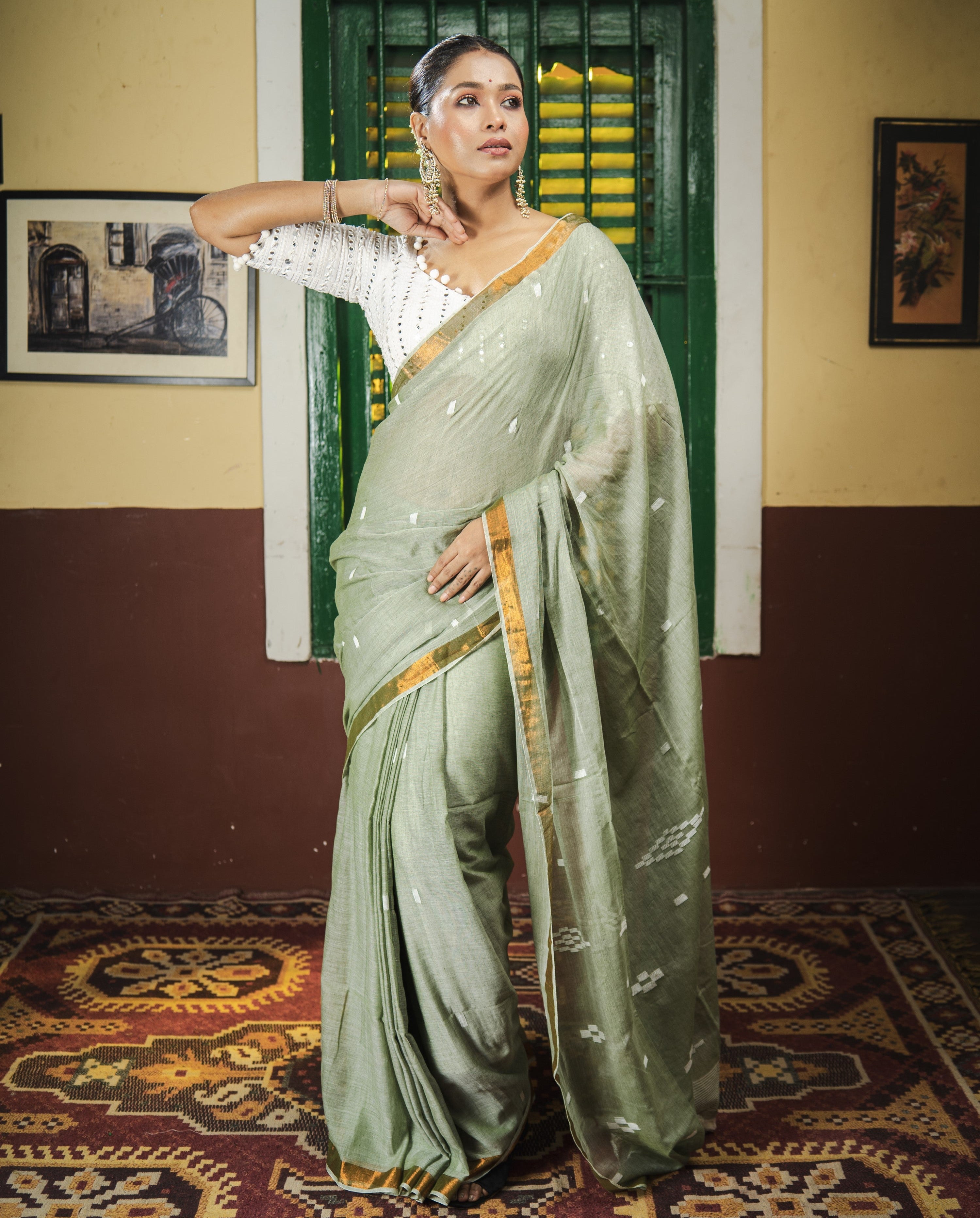 Hand Weaving Mulmul Cotton Saree- Laurel Green