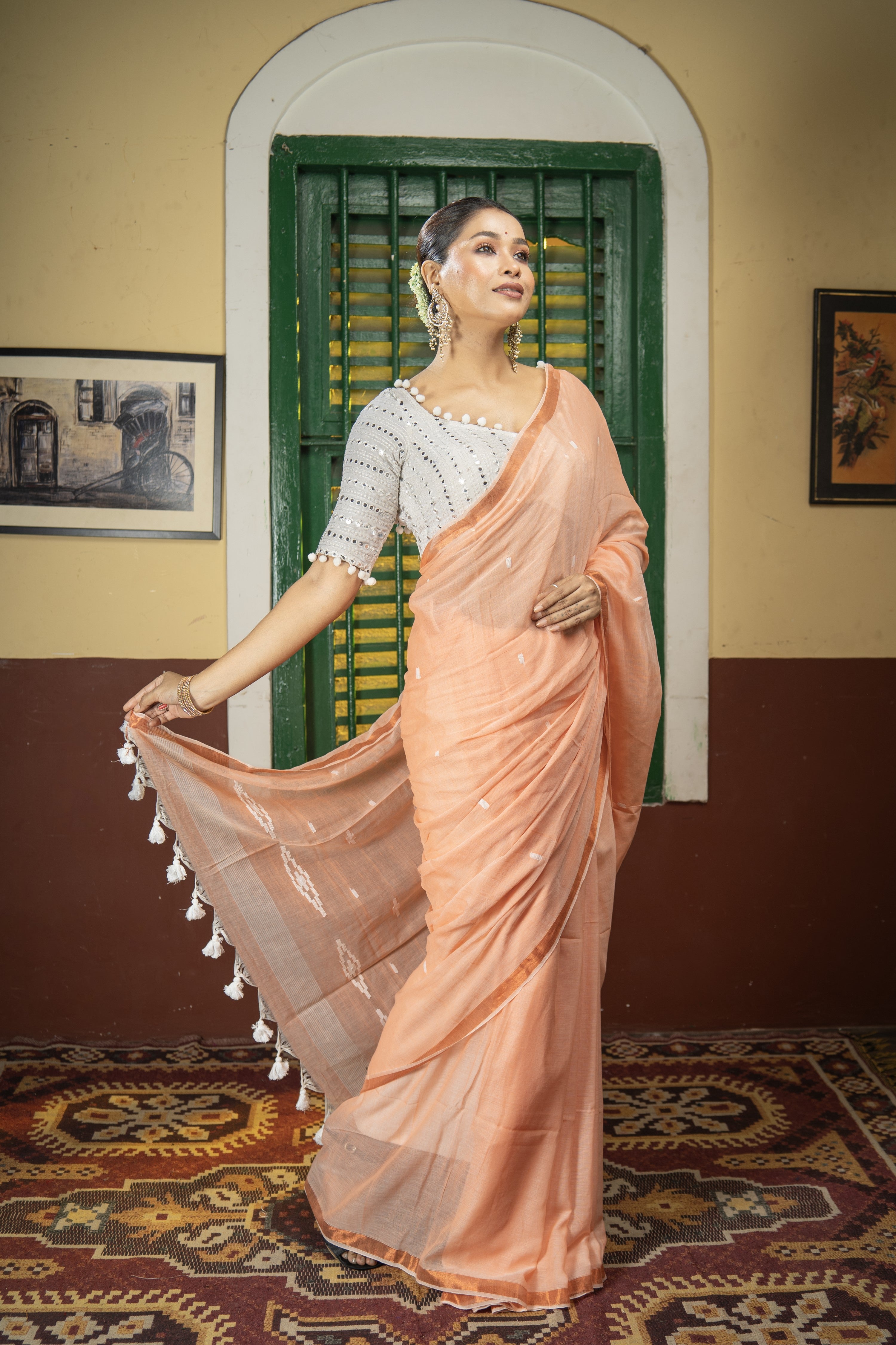 Hand Weaving Mulmul Cotton Saree- Peach
