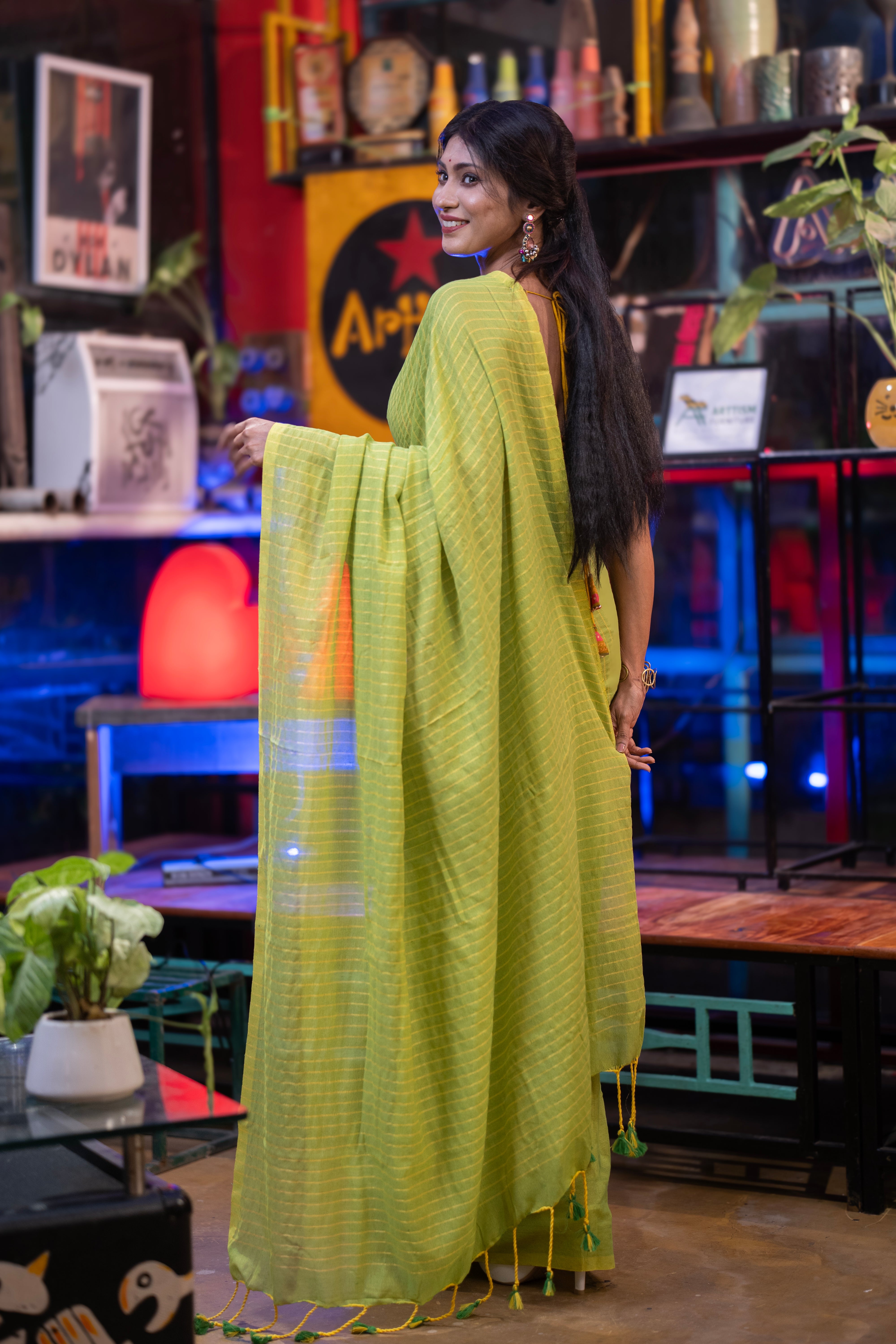 Khadi Cotton yellow Striped Saree - lime Green