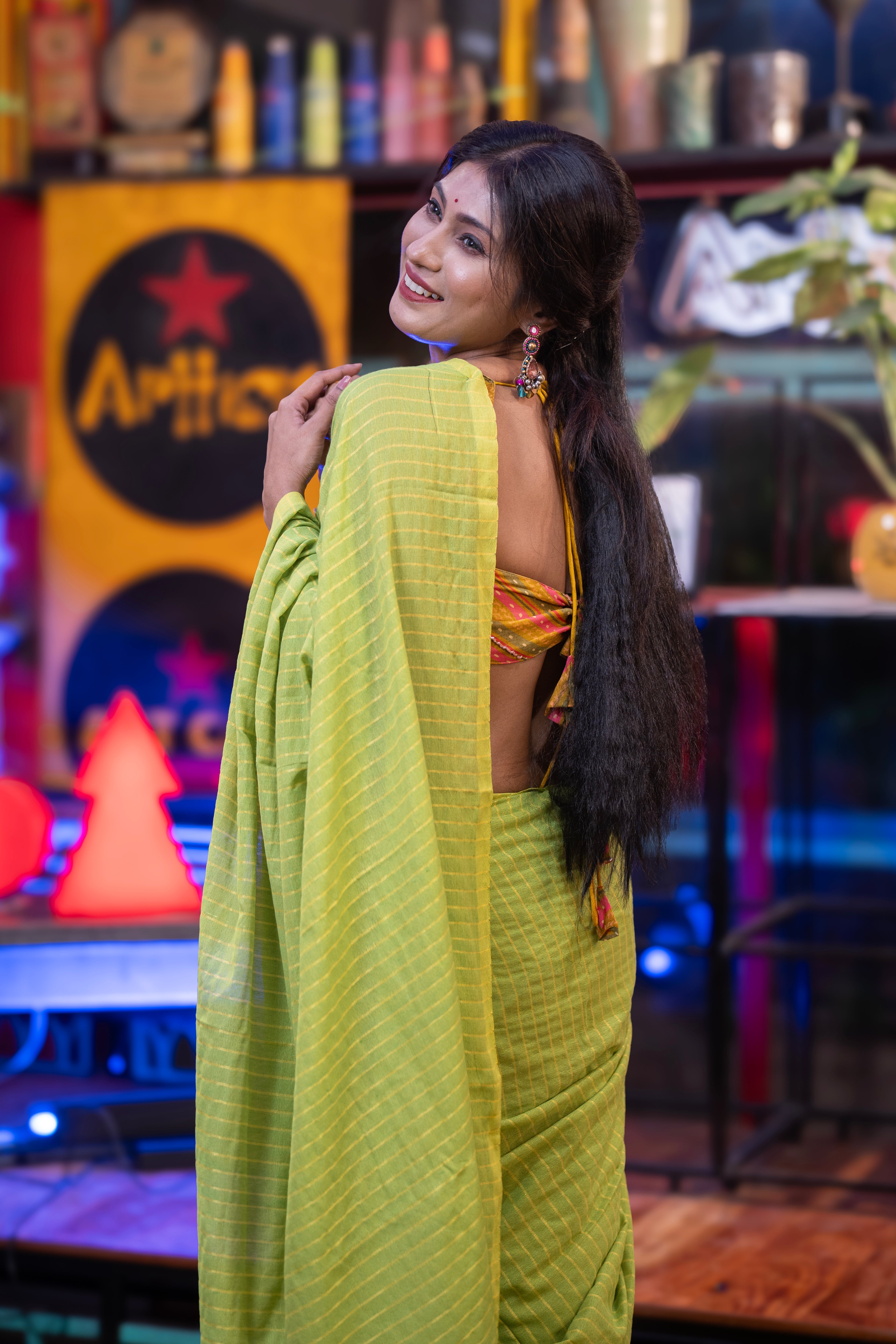 Khadi Cotton yellow Striped Saree - lime Green