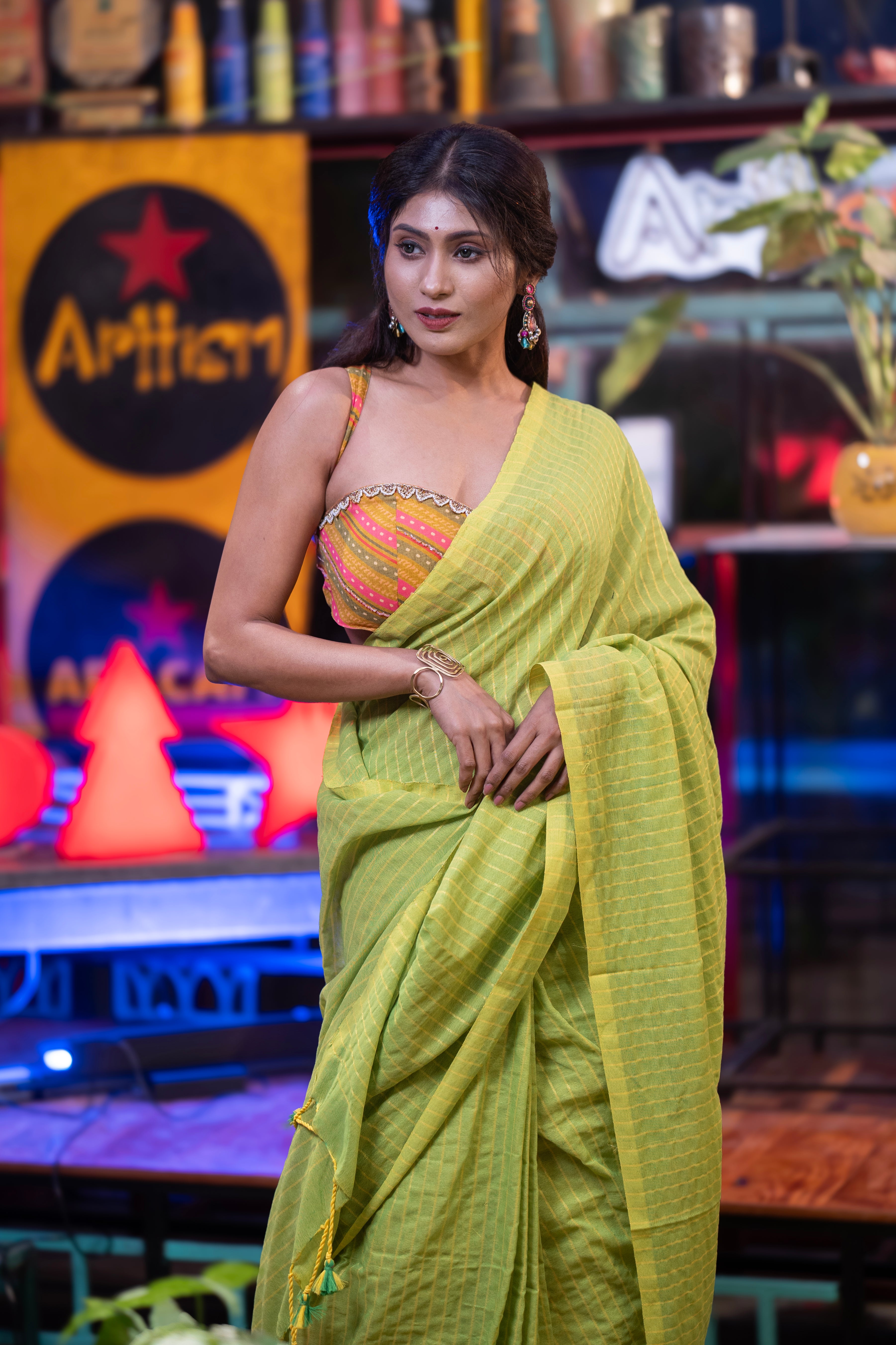 Khadi Cotton yellow Striped Saree - lime Green