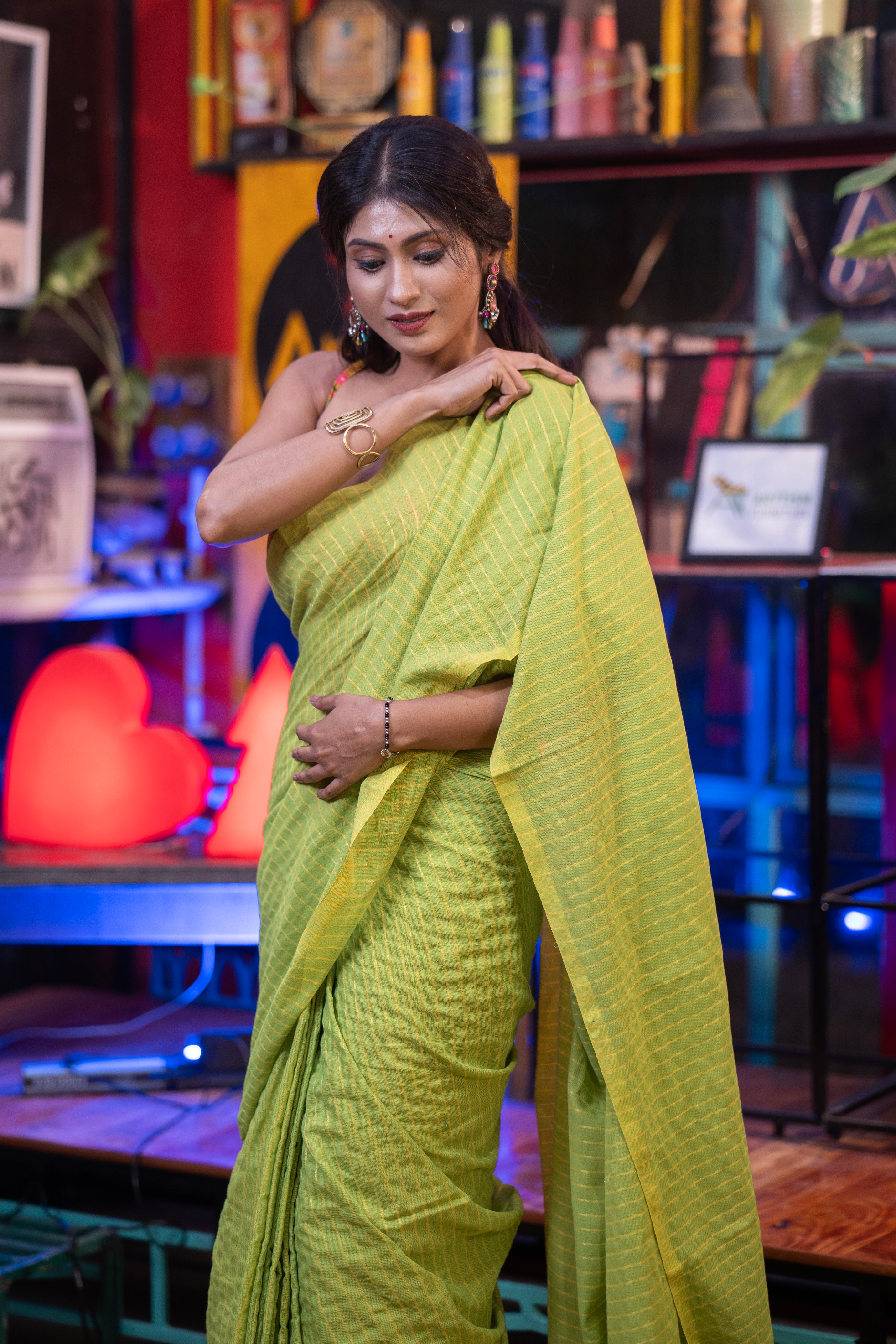 Khadi Cotton yellow Striped Saree - lime Green