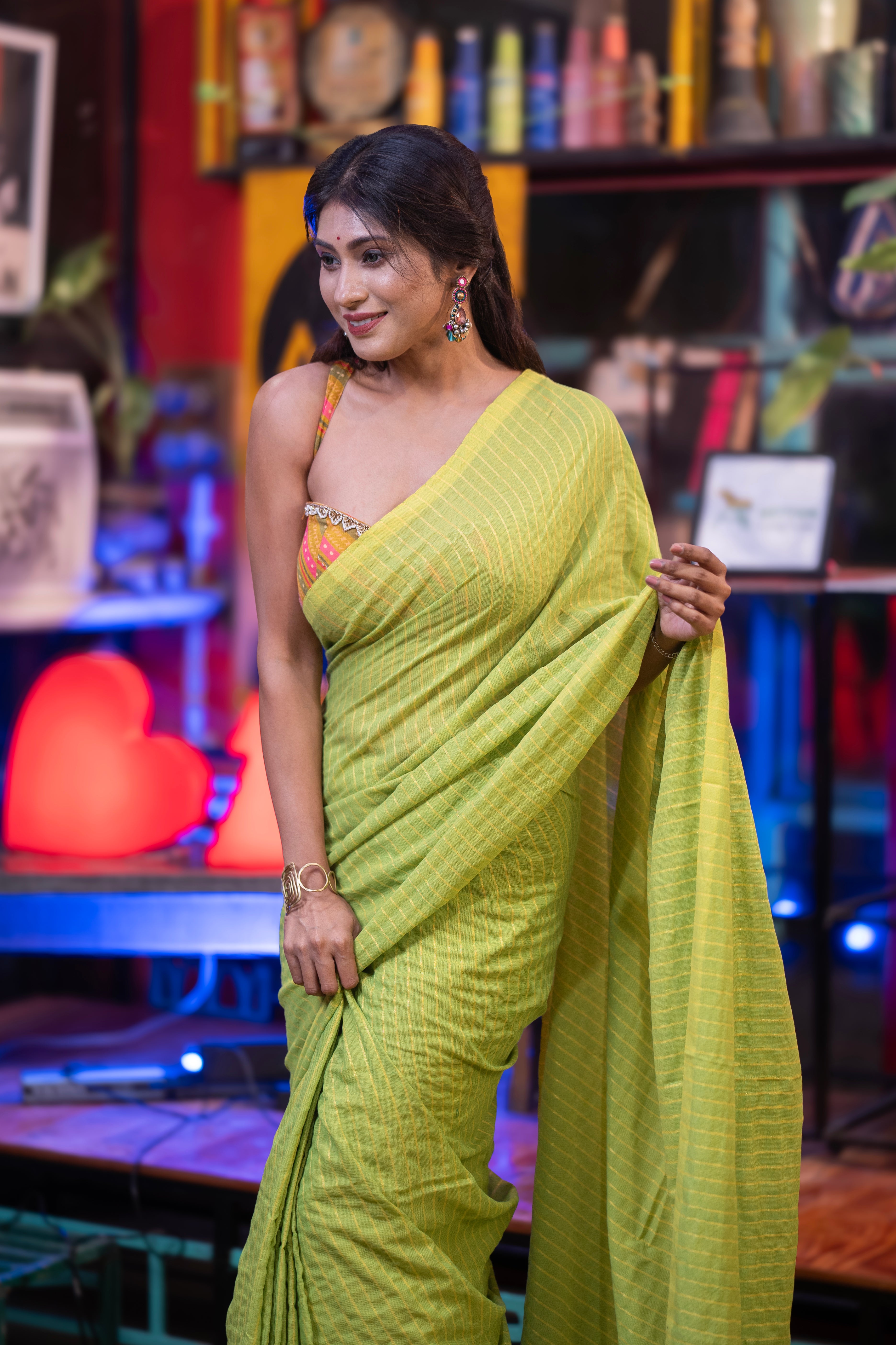 Khadi Cotton yellow Striped Saree - lime Green