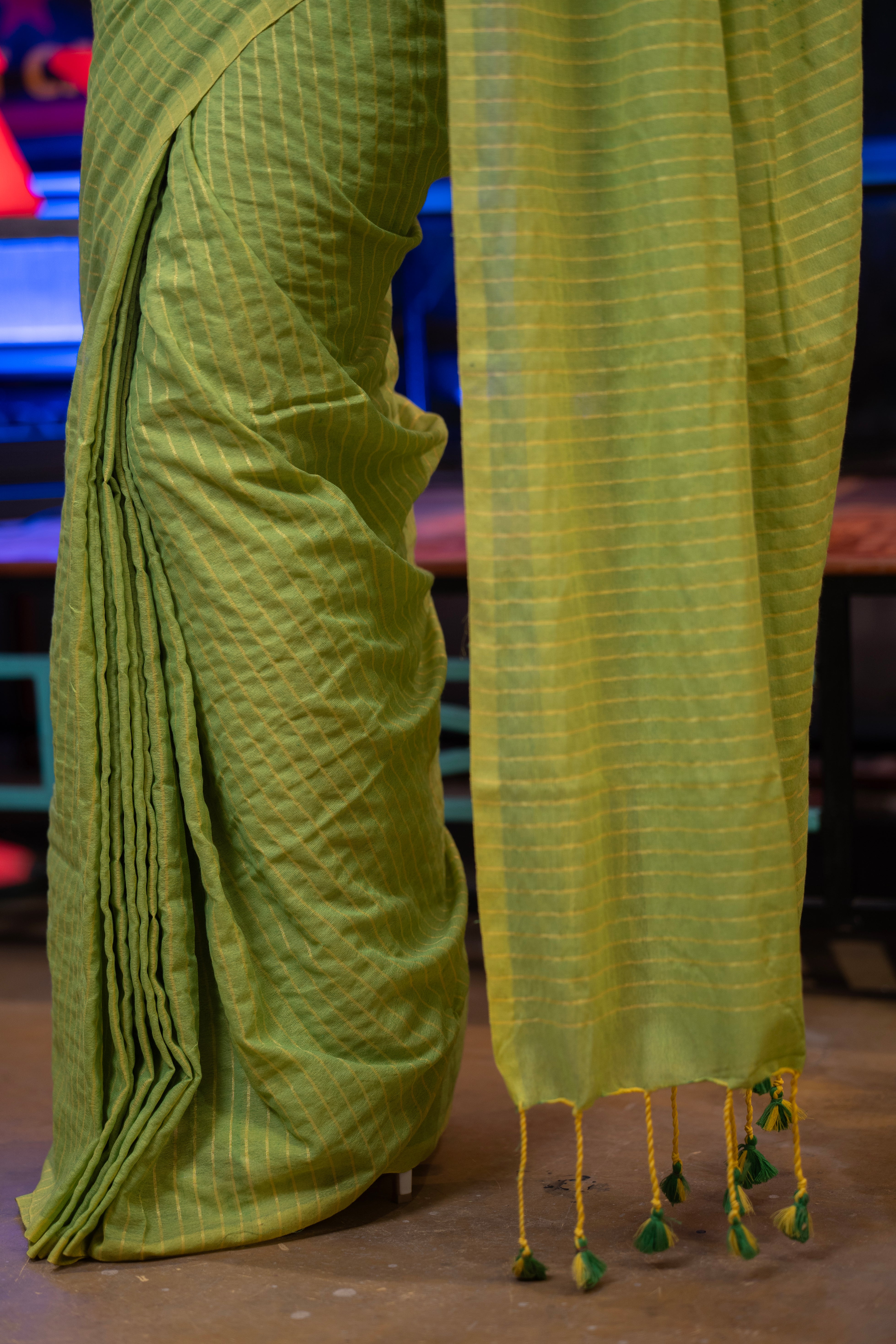 Khadi Cotton yellow Striped Saree - lime Green