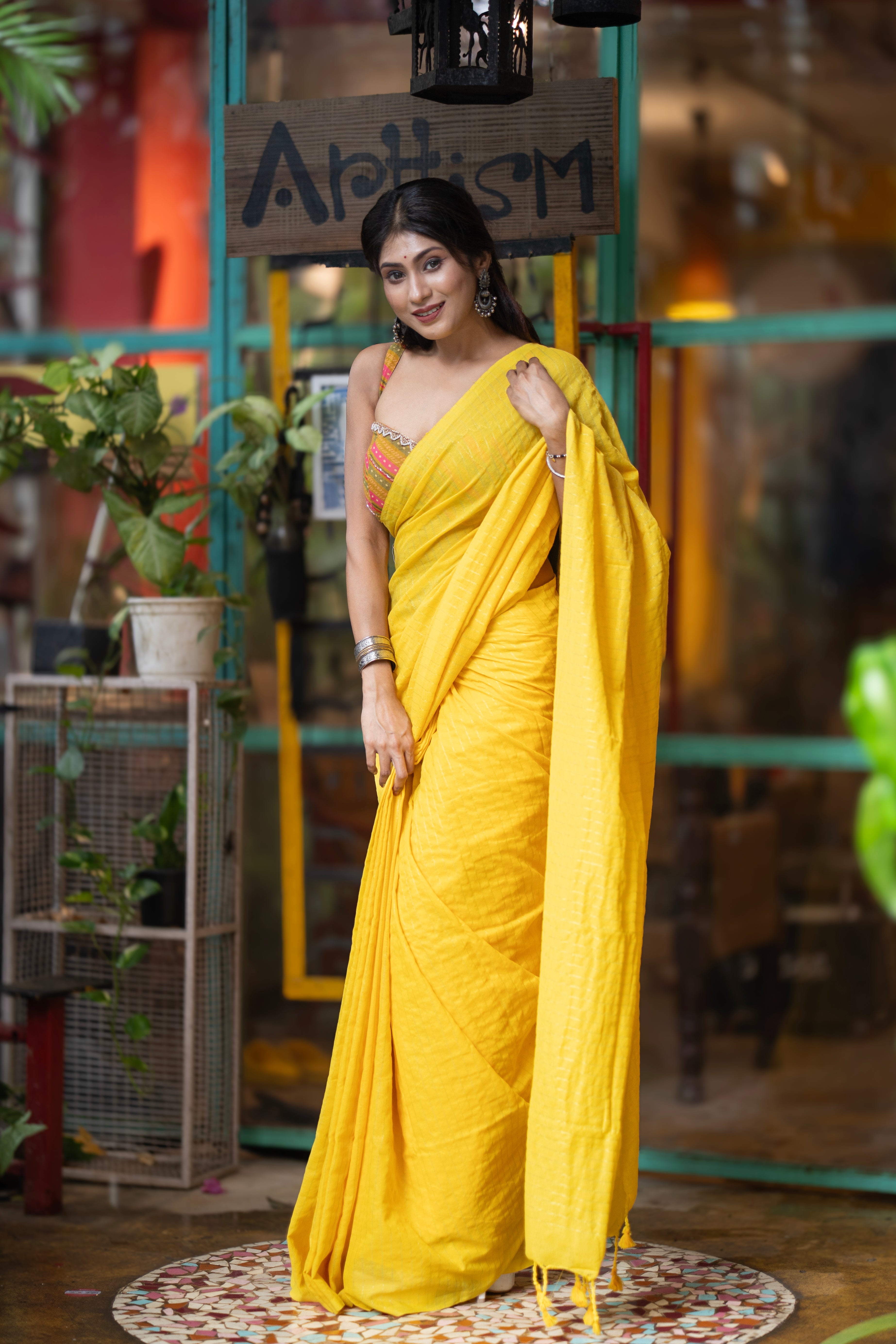Khadi Cotton Golden Striped Saree - yellow